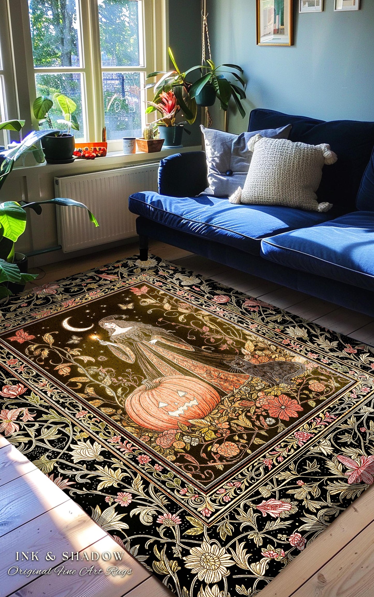 Midnight Sorcery Pumpkin Witch Rug | Medieval Aesthetic Bohemian Halloween Accent Rug Gothic Retro Halloween Style Folklore Black Cat Decor