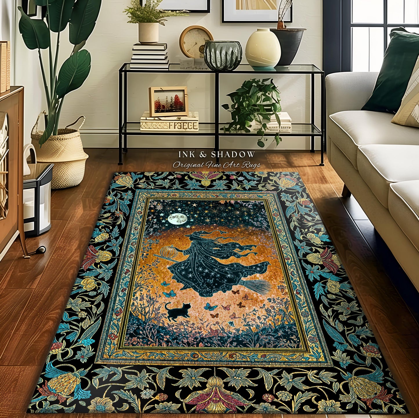 Autumn Aesthetic Witchy Area Rug | Fall Gothic Dark Cottagecore Decor Moonlight Magic Black Cat Whimsigoth Dorm Accent Maximalist Halloween
