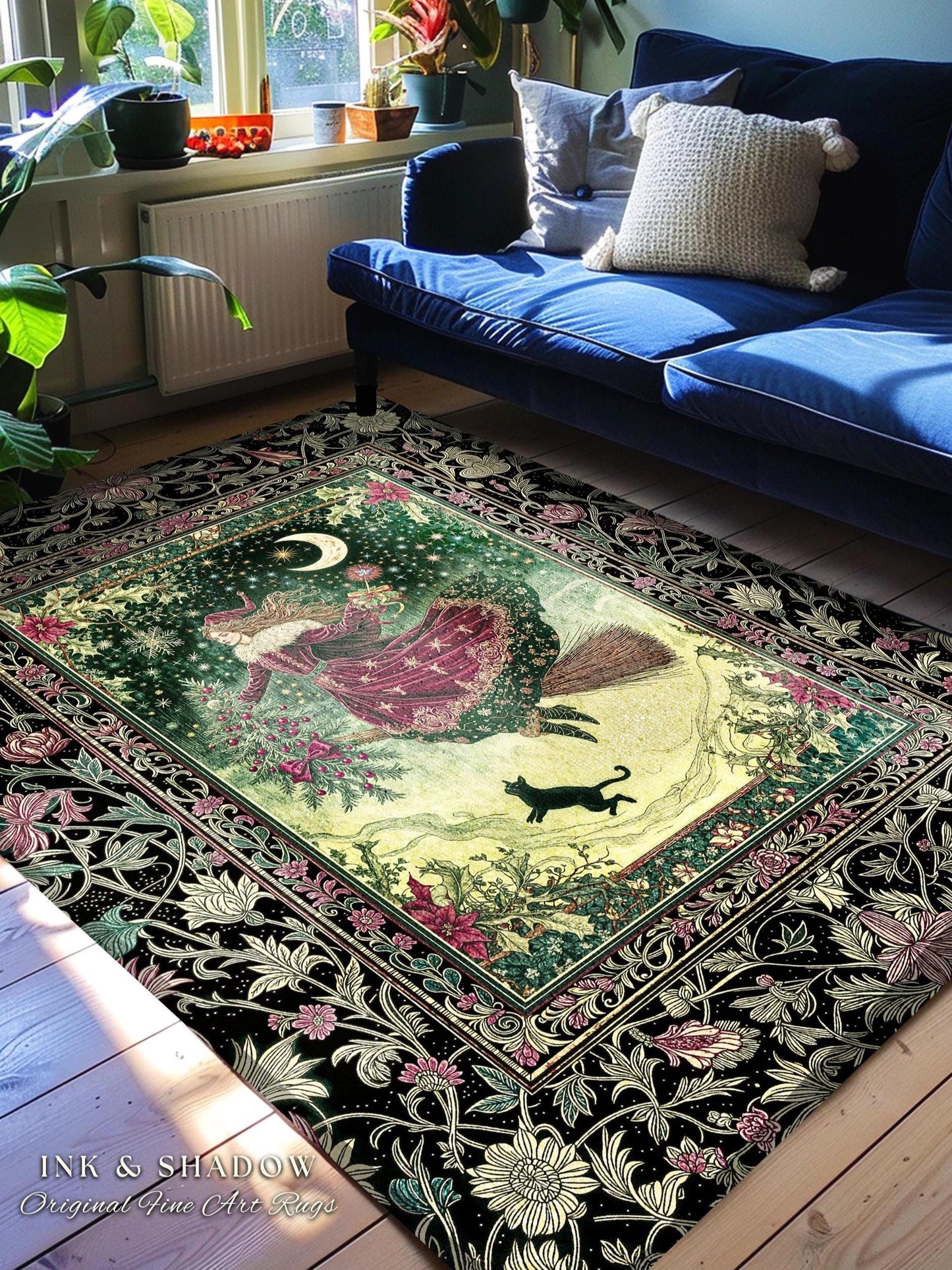 Snowy Magic Celestial Witch Rug | Gothic Magic Black Cat Bedroom Accent Broomstick Ride Moon Stars Botanical Frame Mystical Folklore Art |