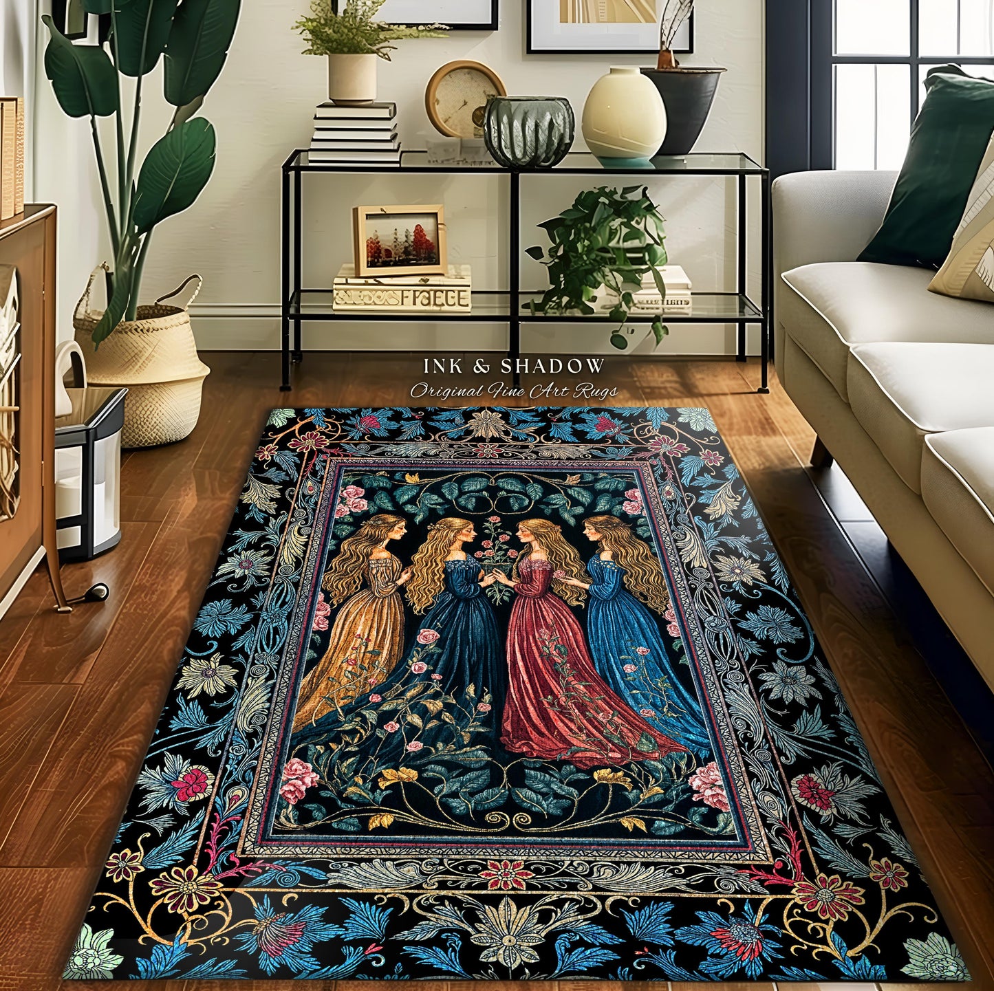 Wiccan Witchcraft Moody Area Rug | Whimsigothic Dark Fairytale Gothic Renaissance Botanical Magic Medieval Bedroom Decor Witchcraft Carpet |