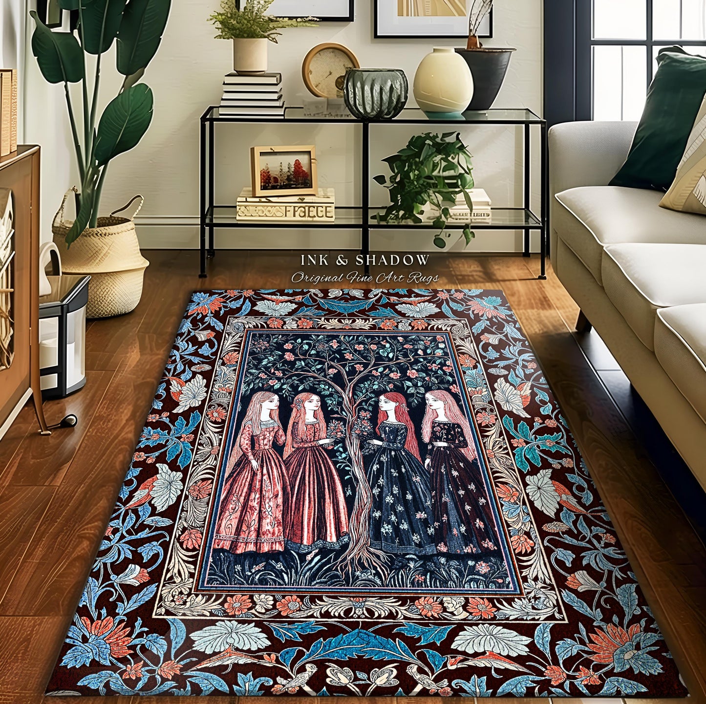 Pastel Fairy Forest Elegant Accent Rug | Druid Medieval Maiden Baroque Aesthetic Magic Decor Celestial Gothic Bedroom Art Nouveau Decor Boho
