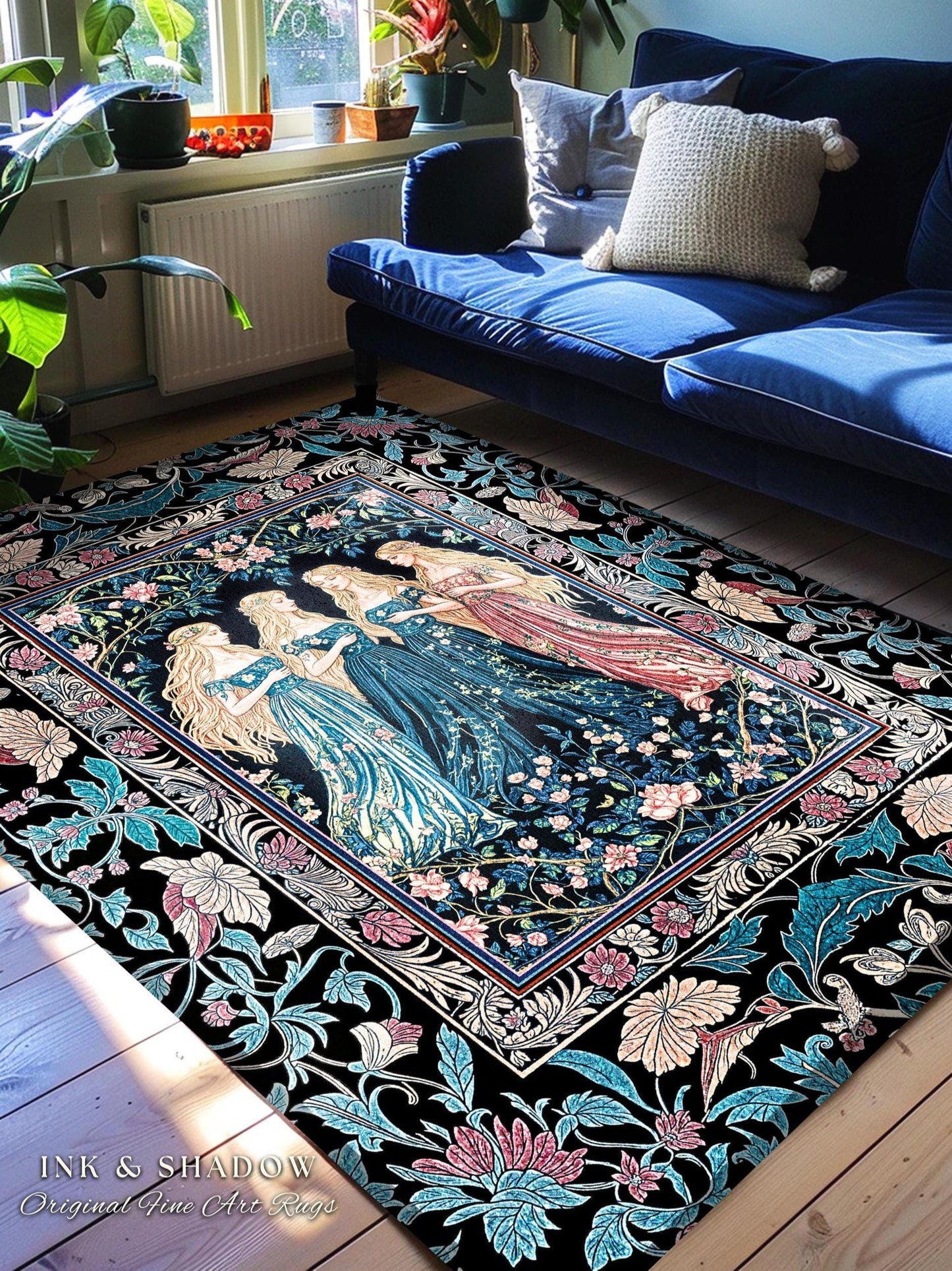 Rustic Medieval Fairycore Witch Bedroom Rug | Celestial Sorceress Gothic Elegance Altar Rug Pastel Botanical Accent Folklore Aesthetic Style