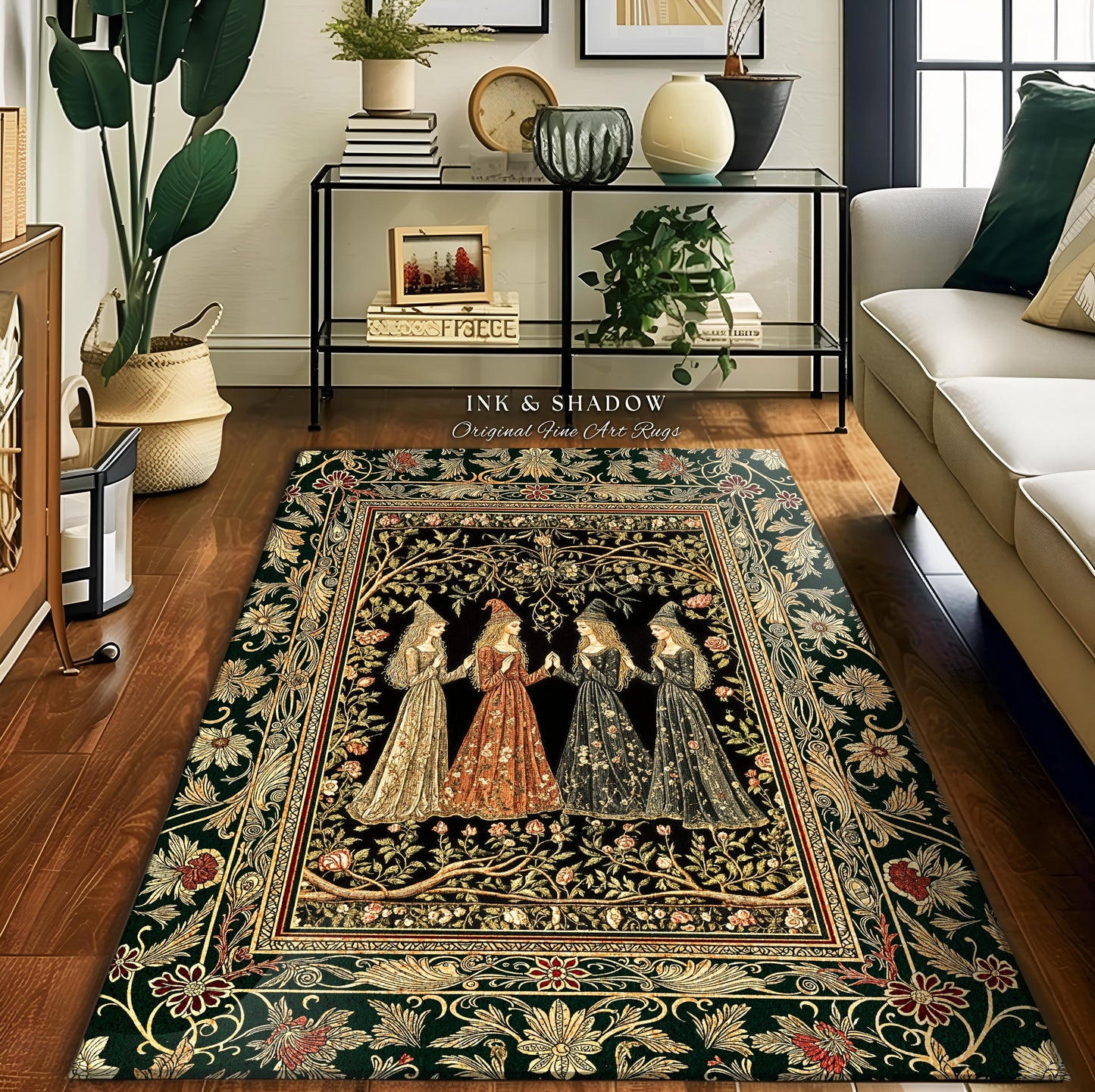 Mystical Sisterhood Floral Accent Rug | Witchy Aesthetic Baroque Forest Whimsigoth Fantasy Ethereal Whimsical Bedroom Rug Dark Academia Art