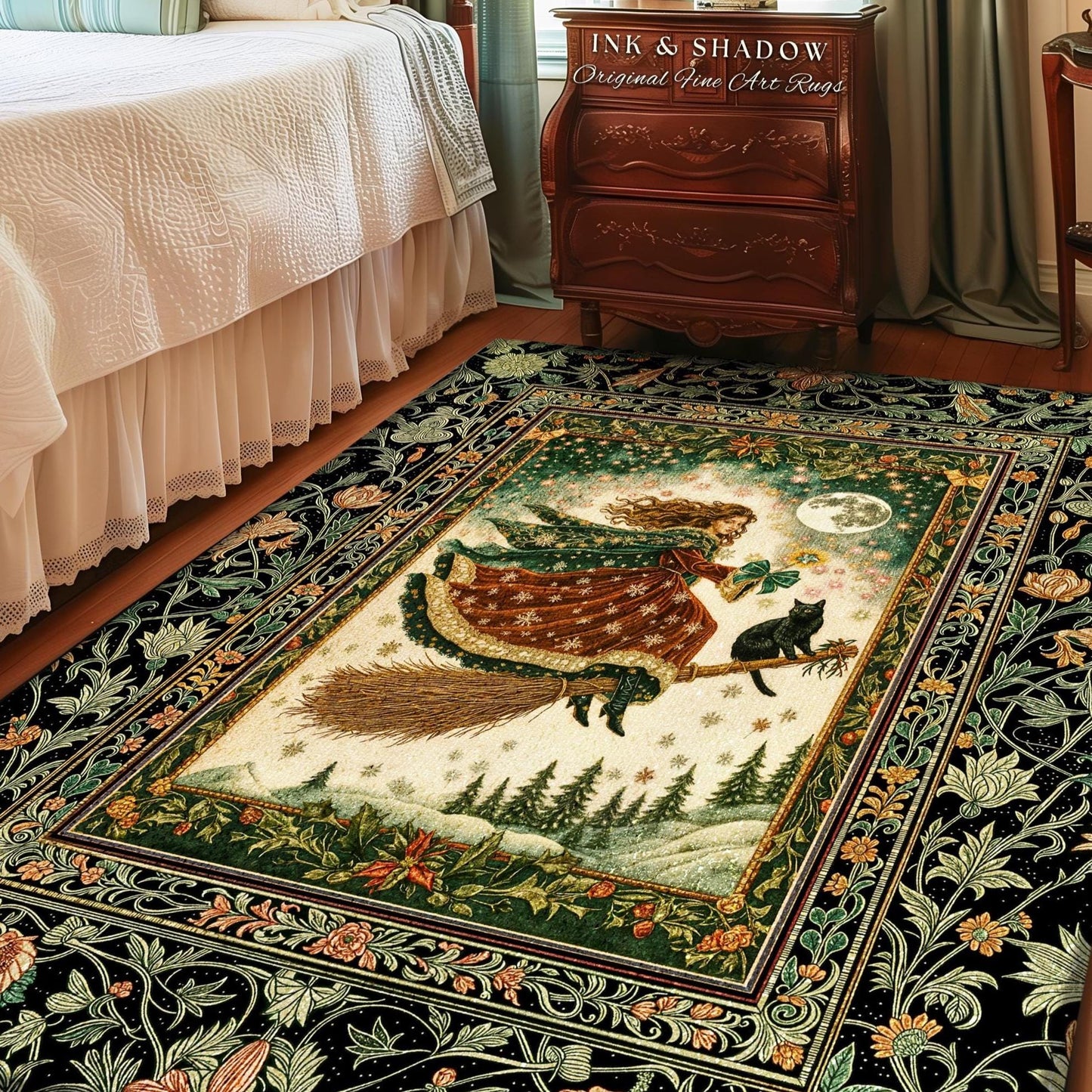 Holiday Witch Black Cat Area Rug | Nostalgic Halloween Enchanted Cottagecore Decor Mystic Aesthetic Winter Bedroom Accent Gothic Elegance |