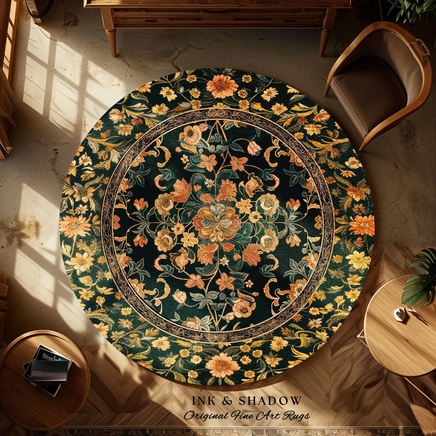 Dark Floral Cottagecore Rug | Bohemian Aesthetic Living Room Home Decor Rustic Housewarming Gift Cottagecore Earth Tone Bedroom Floor Mat