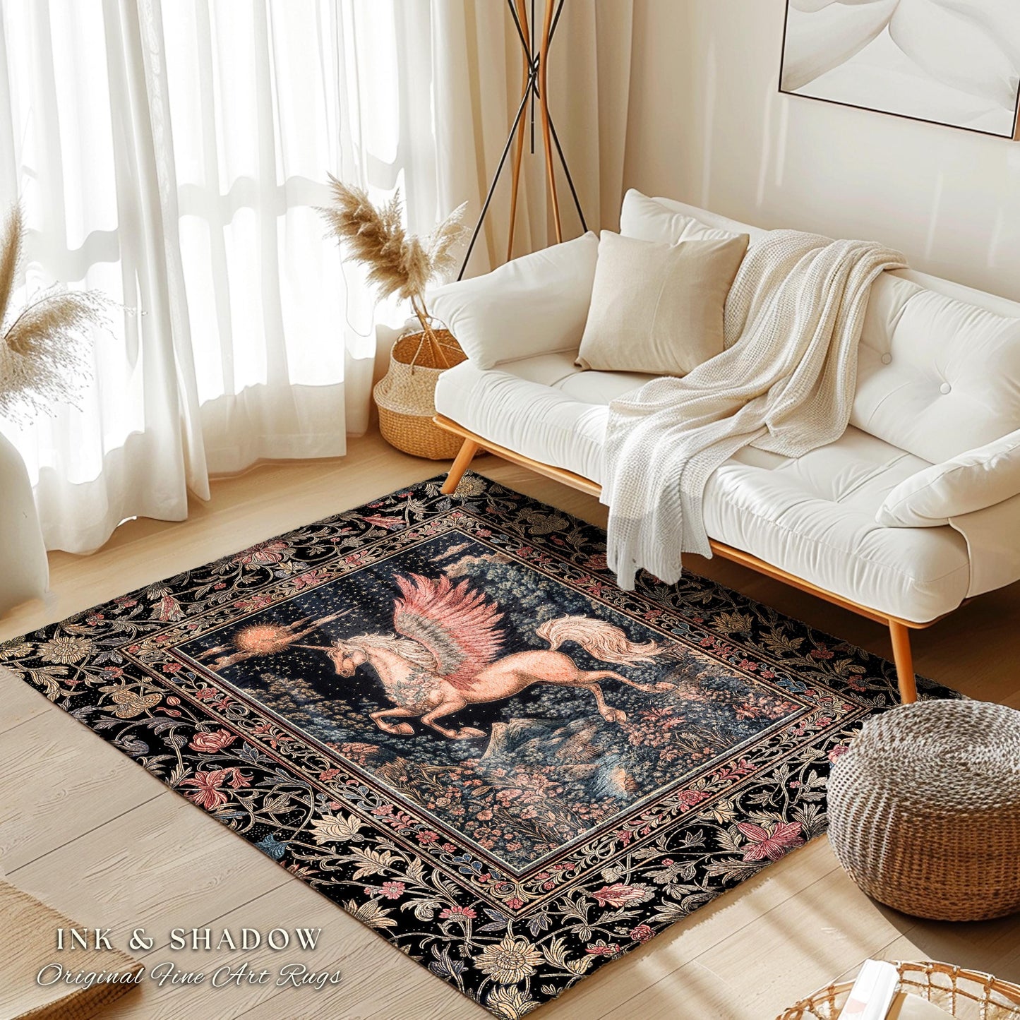 Mystical Pegasus Castlecore Rug | Coral Wing Unicorn Decor Fantasy Regal Fairytale Room Cottagecore Baroque Romantic Gothic Home Accent |