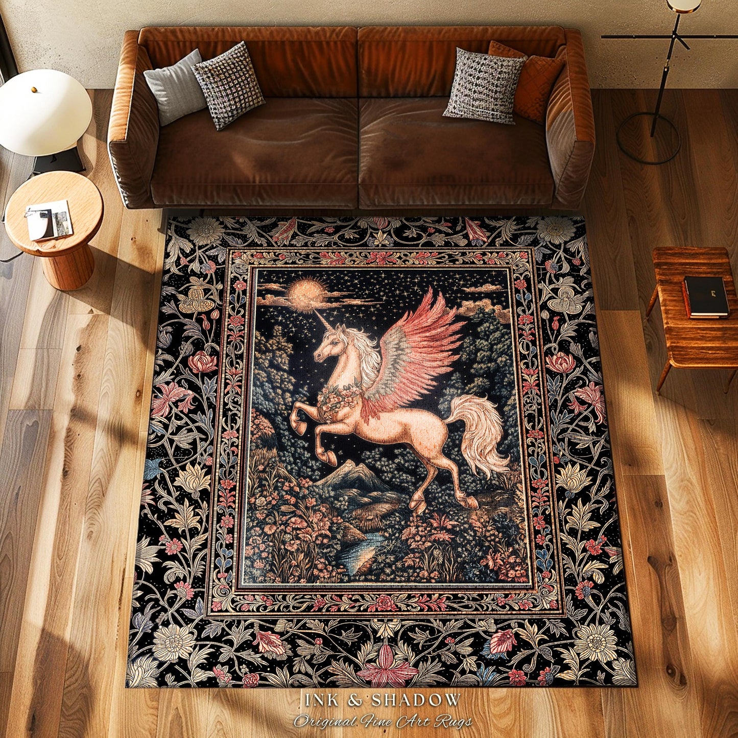 Mystical Pegasus Castlecore Rug | Coral Wing Unicorn Decor Fantasy Regal Fairytale Room Cottagecore Baroque Romantic Gothic Home Accent |
