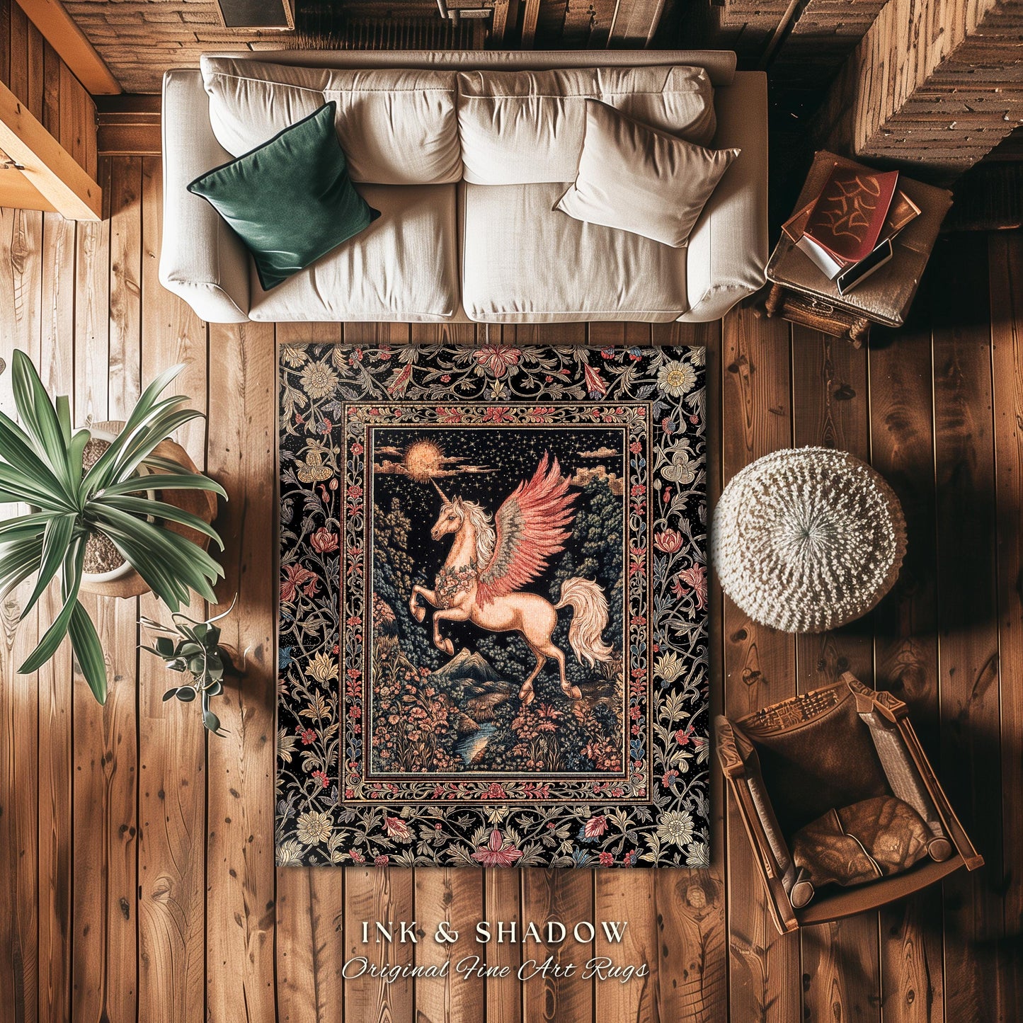 Mystical Pegasus Castlecore Rug | Coral Wing Unicorn Decor Fantasy Regal Fairytale Room Cottagecore Baroque Romantic Gothic Home Accent |