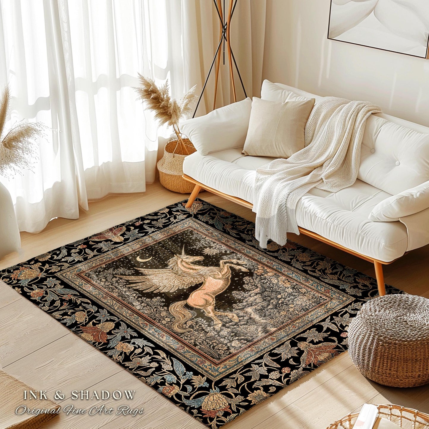 Golden Moon Regal Unicorn Rug | Forest Gothic Fairytale Area Rug Pegasus Baroque Style Fantasy Decor Dreamy Bedroom Whimsical Cottagecore |