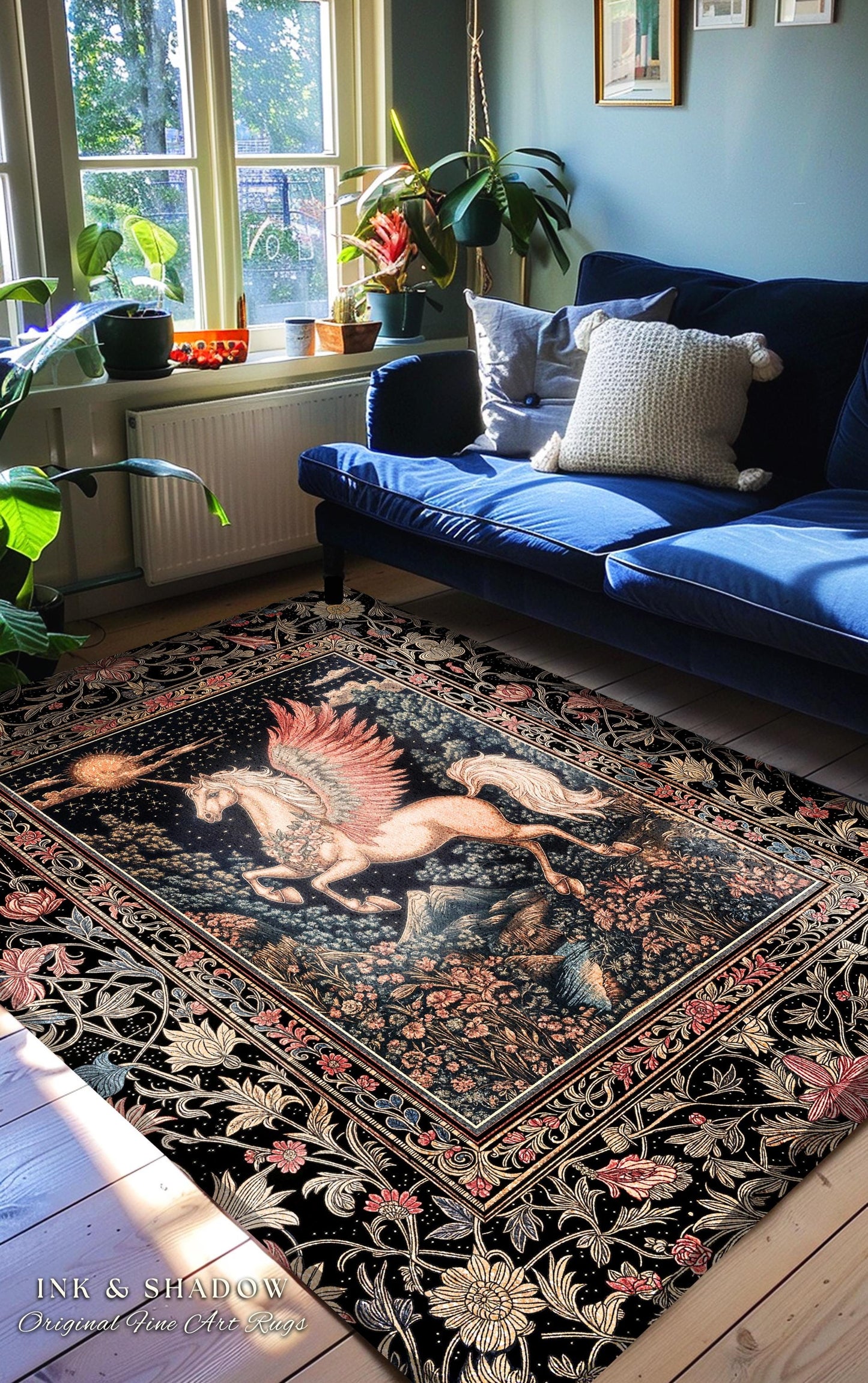 Mystical Pegasus Castlecore Rug | Coral Wing Unicorn Decor Fantasy Regal Fairytale Room Cottagecore Baroque Romantic Gothic Home Accent |
