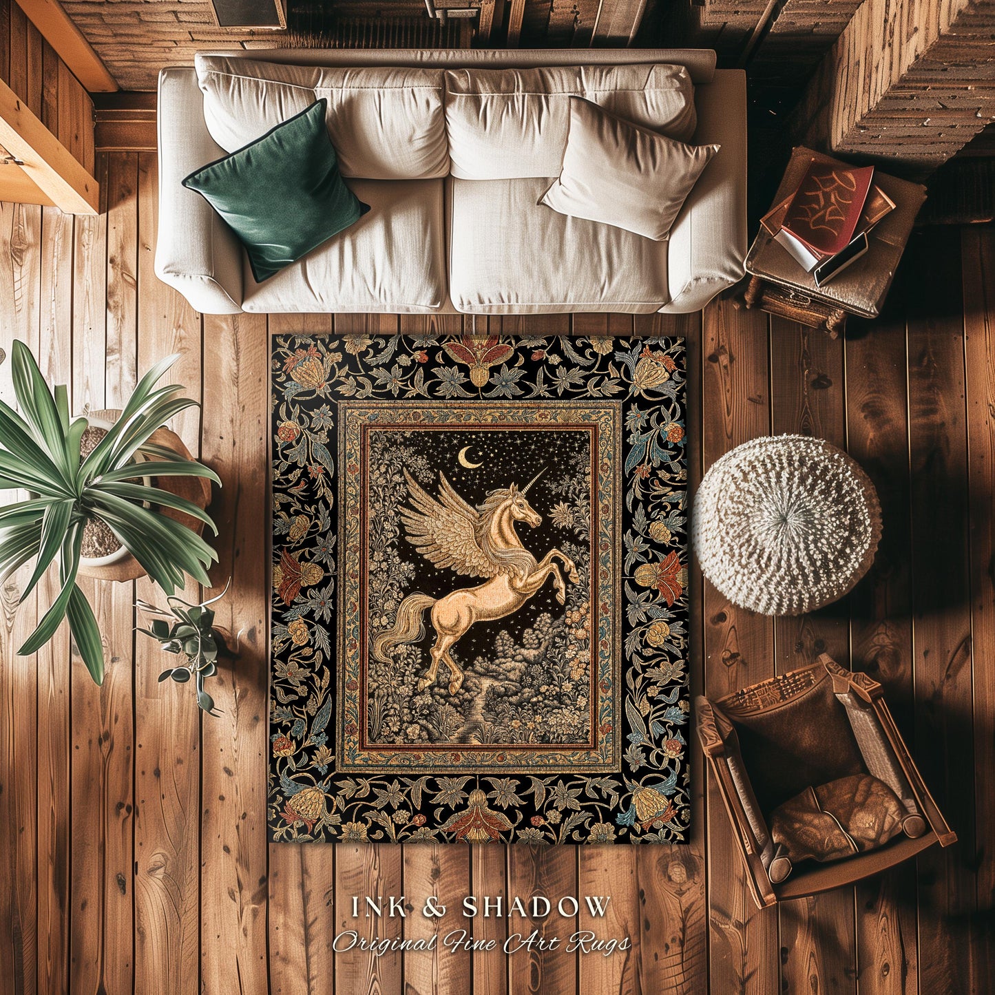 Golden Moon Regal Unicorn Rug | Forest Gothic Fairytale Area Rug Pegasus Baroque Style Fantasy Decor Dreamy Bedroom Whimsical Cottagecore |