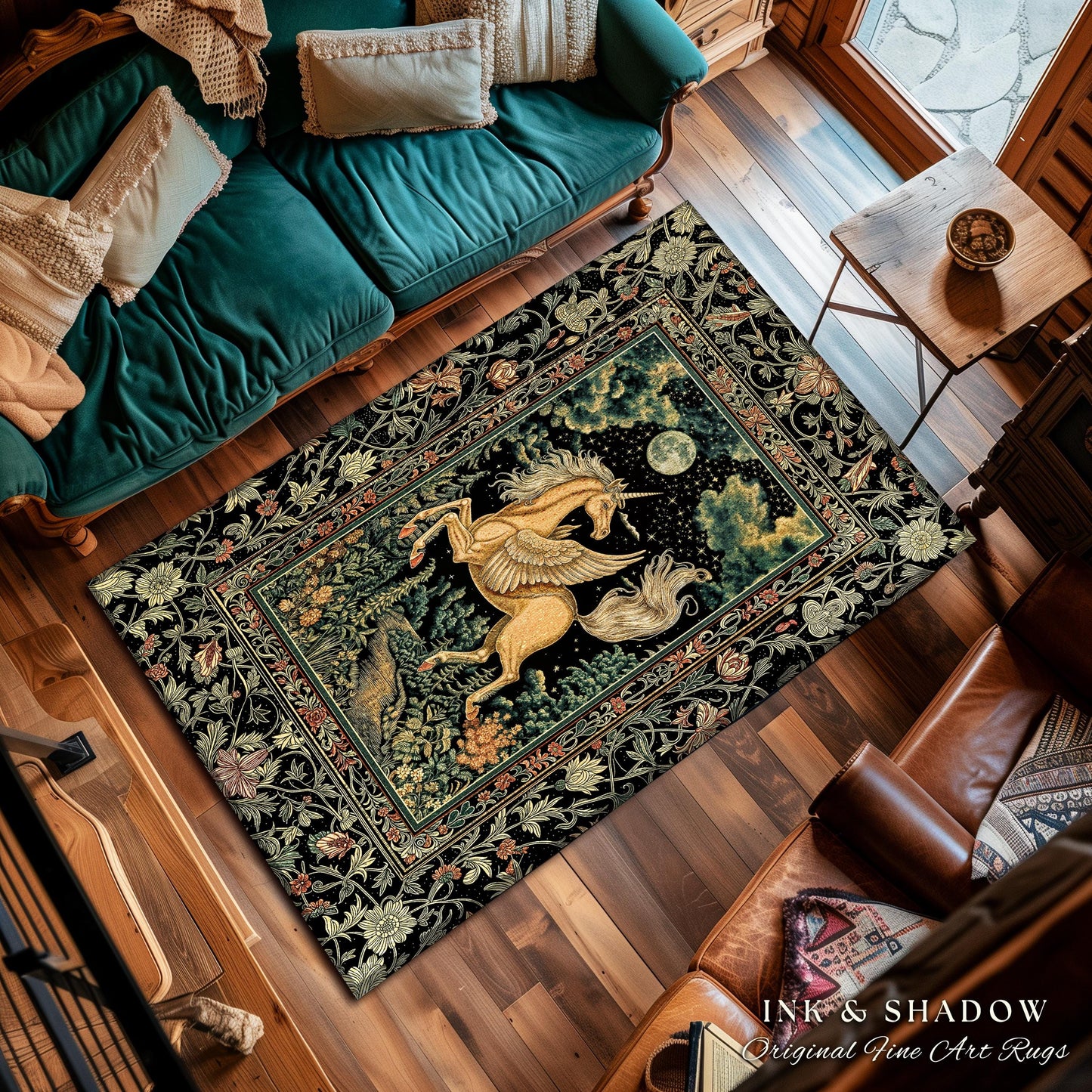 Celestial Pegasus Unicorn Forest Rug | Baroque Bedroom Decor Romantic Maximalist Fairytale Cottagecore Style Whimsical Castlecore Accent