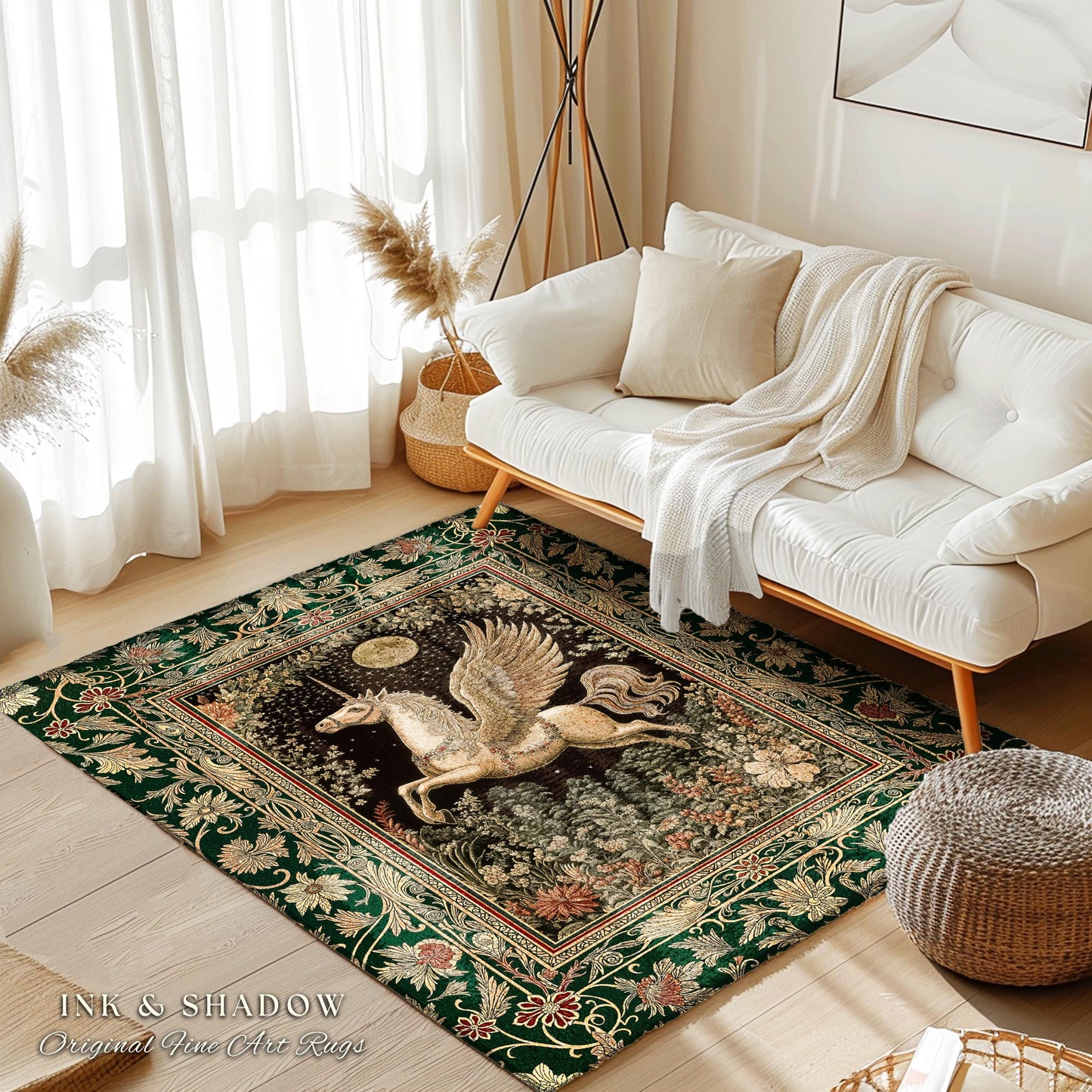 Baroque Flying Unicorn Area Rug | Enchanted Forest Pegasus Fairytale Decor Castle Aesthetic Maximalist Regal Bedroom Fantasy Gothic Style |
