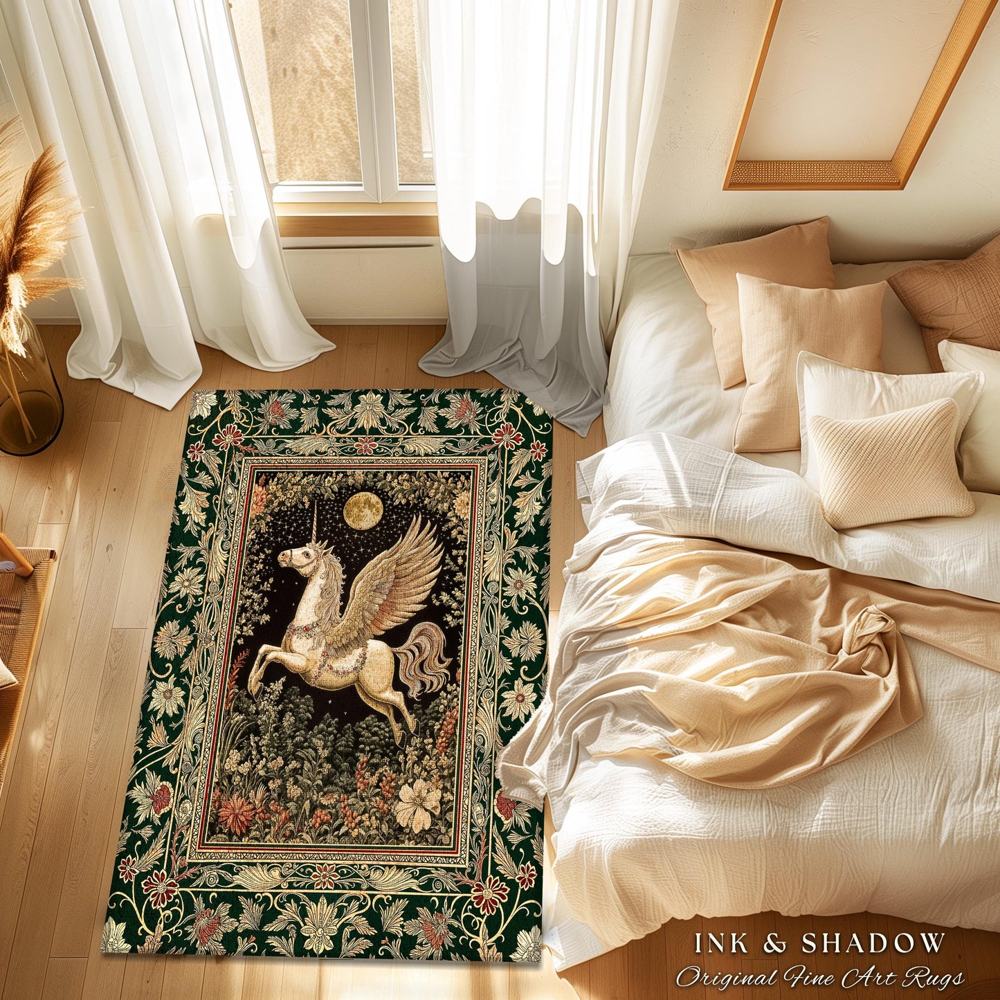 Baroque Flying Unicorn Area Rug | Enchanted Forest Pegasus Fairytale Decor Castle Aesthetic Maximalist Regal Bedroom Fantasy Gothic Style |