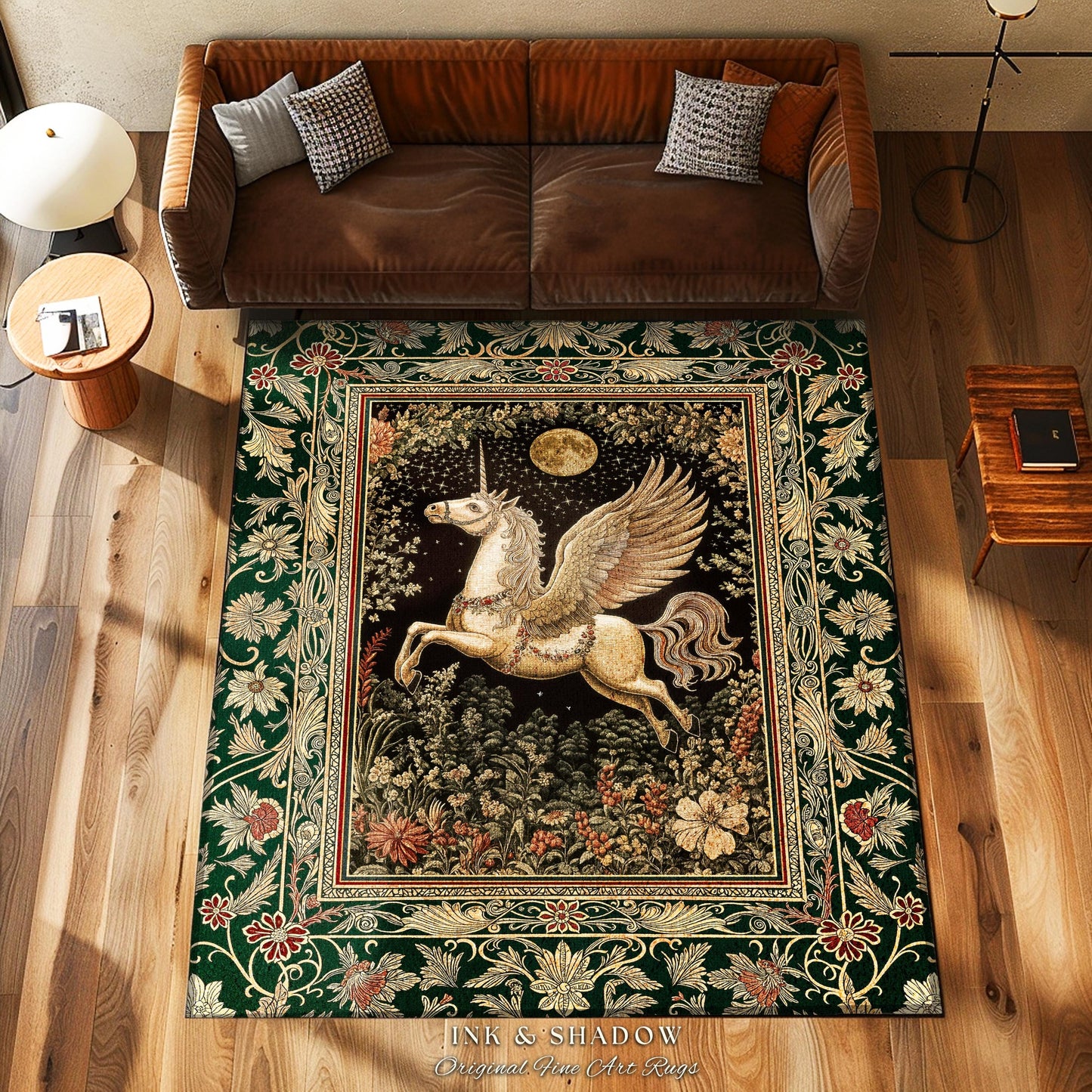 Baroque Flying Unicorn Area Rug | Enchanted Forest Pegasus Fairytale Decor Castle Aesthetic Maximalist Regal Bedroom Fantasy Gothic Style |
