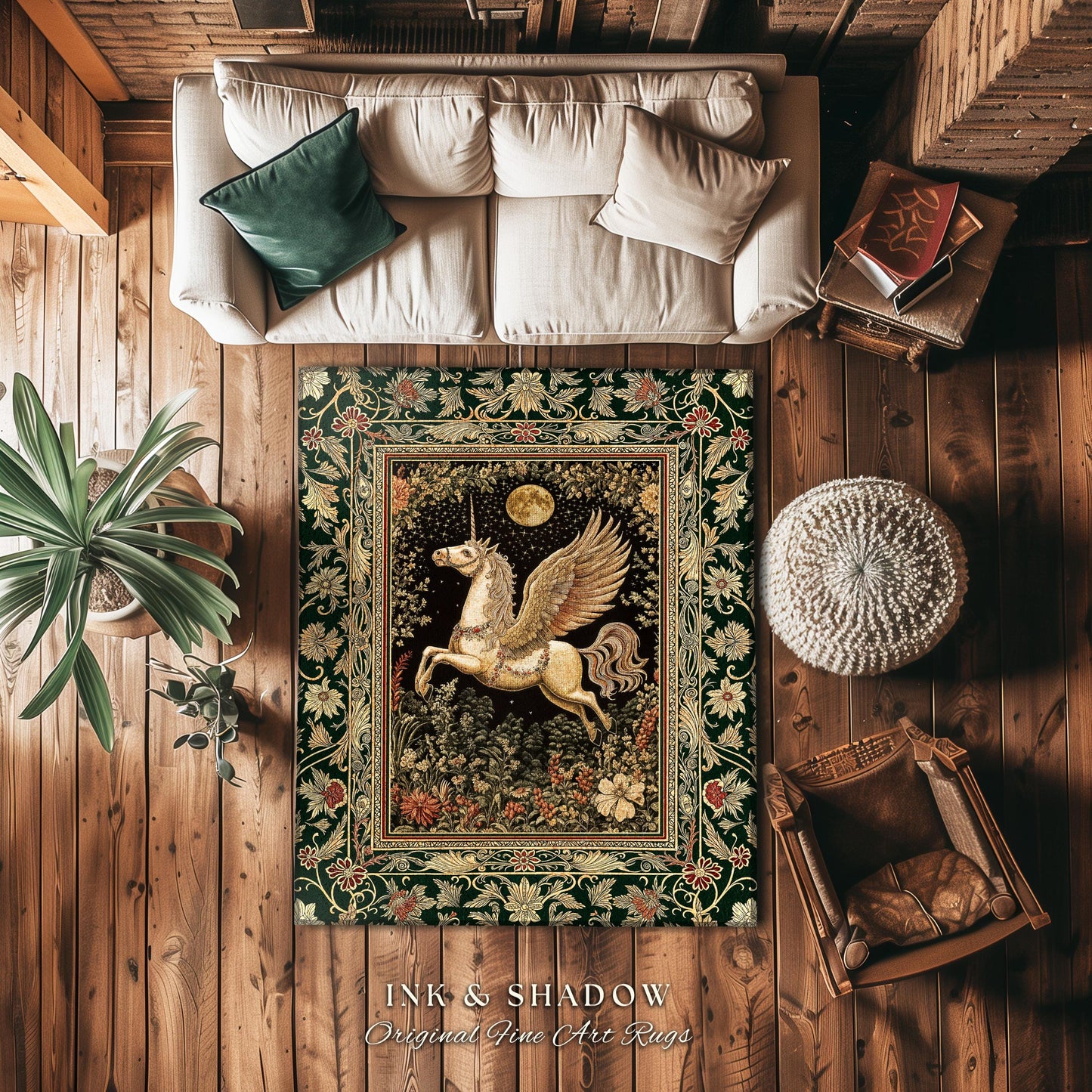 Baroque Flying Unicorn Area Rug | Enchanted Forest Pegasus Fairytale Decor Castle Aesthetic Maximalist Regal Bedroom Fantasy Gothic Style |
