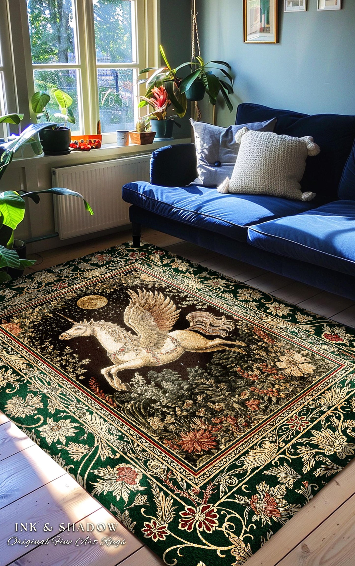 Baroque Flying Unicorn Area Rug | Enchanted Forest Pegasus Fairytale Decor Castle Aesthetic Maximalist Regal Bedroom Fantasy Gothic Style |