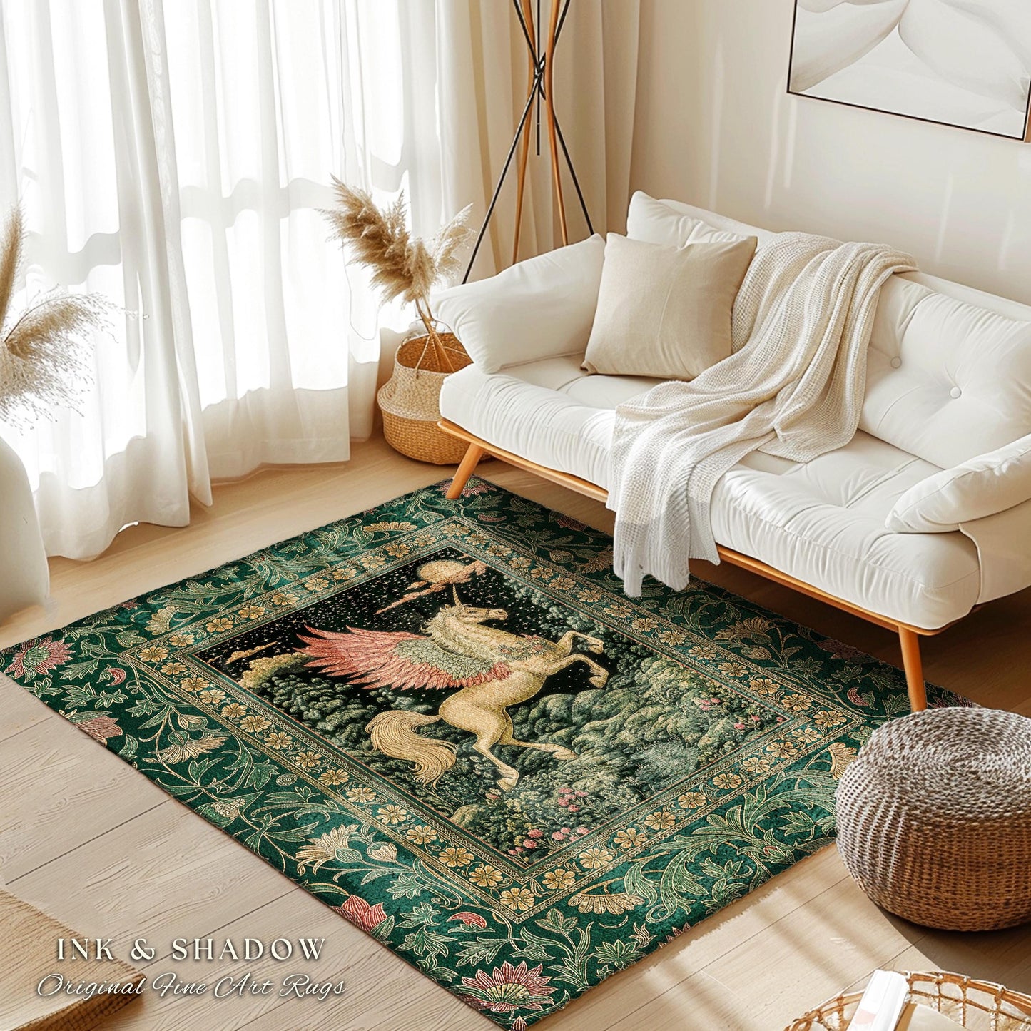 Verdant Landscape Celestial Unicorn Rug | Fairytale Forest Decor Castlecore Maximalist Romantic Baroque Pegasus Fantasy Accent Goth Bedroom