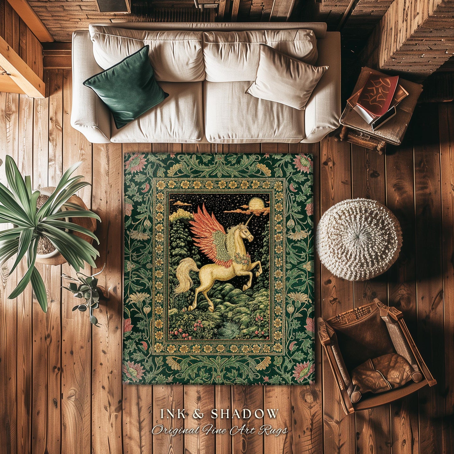 Verdant Landscape Celestial Unicorn Rug | Fairytale Forest Decor Castlecore Maximalist Romantic Baroque Pegasus Fantasy Accent Goth Bedroom