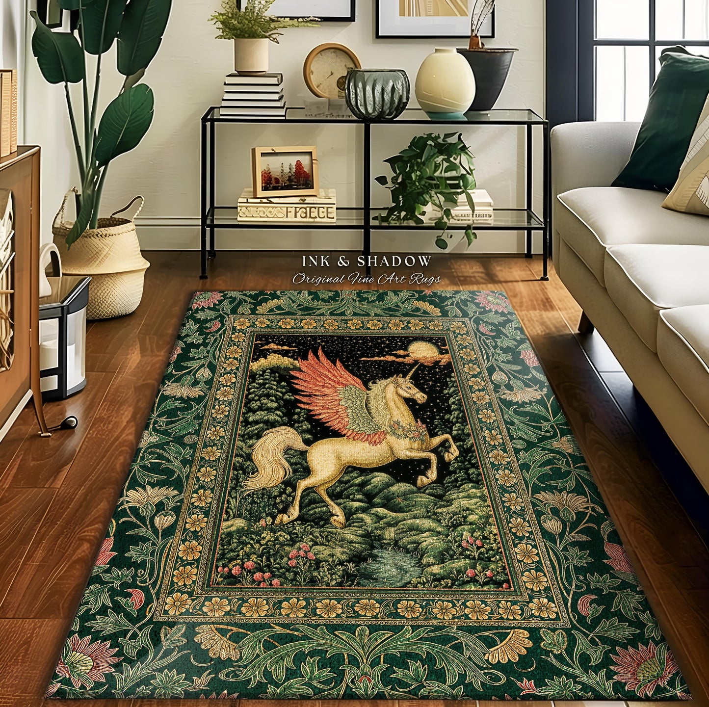 Verdant Landscape Celestial Unicorn Rug | Fairytale Forest Decor Castlecore Maximalist Romantic Baroque Pegasus Fantasy Accent Goth Bedroom