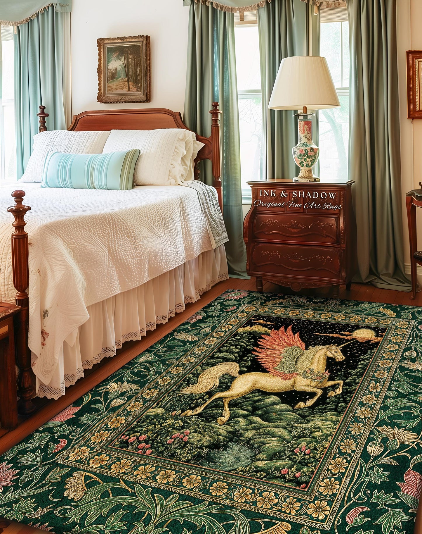 Verdant Landscape Celestial Unicorn Rug | Fairytale Forest Decor Castlecore Maximalist Romantic Baroque Pegasus Fantasy Accent Goth Bedroom