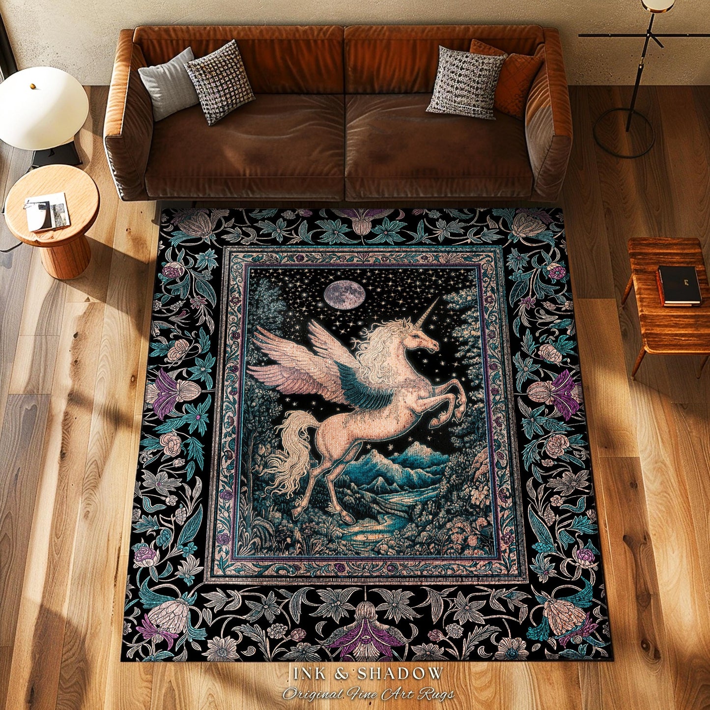 Pastel Moonlight Rustic Pegasus Rug | Baroque Fairytale Decor Whimsical Cottagecore Accent Fantasy Boho Forest Regal Castlecore Maximalist |