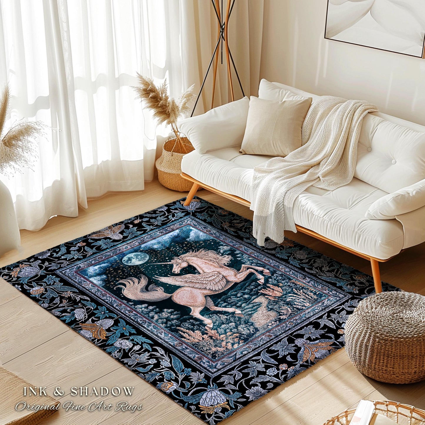 Starlit Blue Pegasus Ethereal Rug | Mystical Castlecore Decor Fairytale Baroque Accent Regal Fantasy Moonlight Forest Maximalist Romantic |