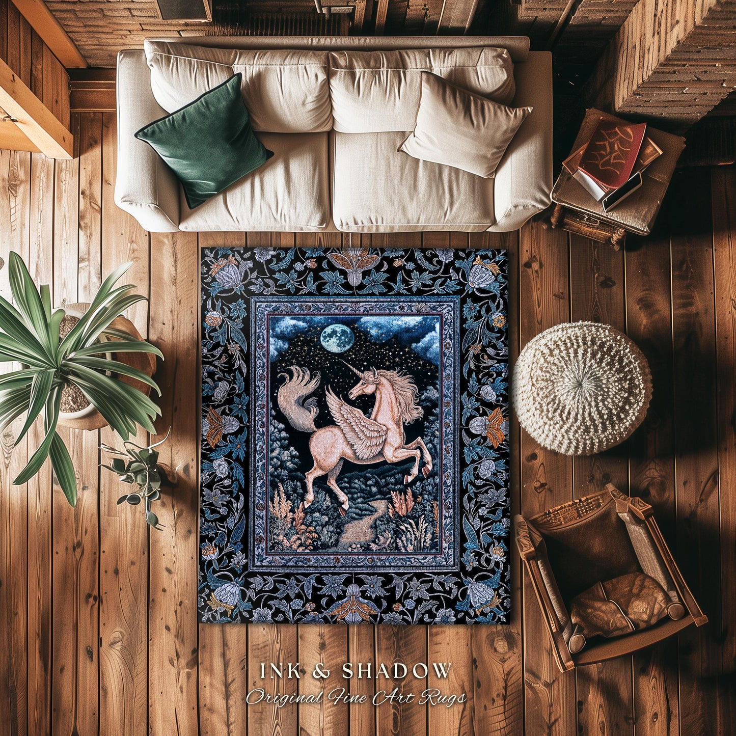 Starlit Blue Pegasus Ethereal Rug | Mystical Castlecore Decor Fairytale Baroque Accent Regal Fantasy Moonlight Forest Maximalist Romantic |