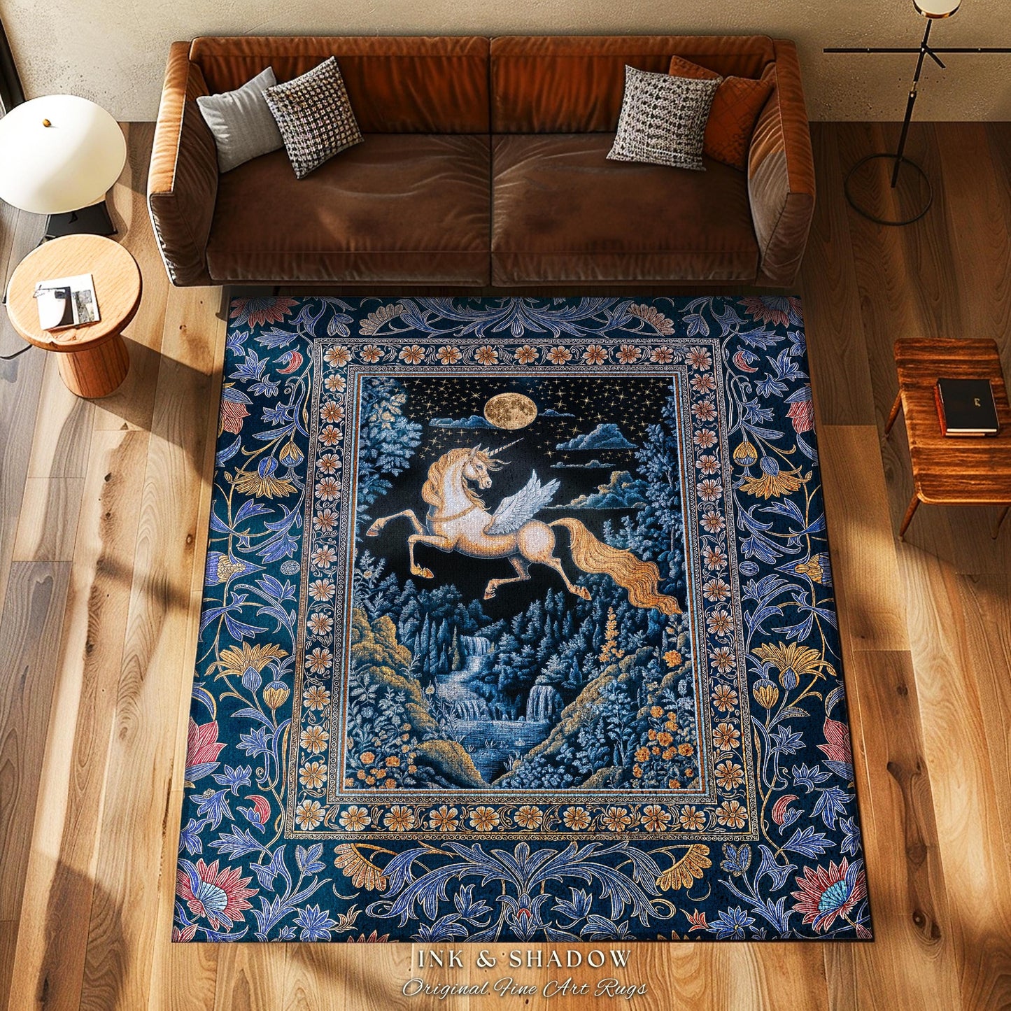 Moody Fantasy Mystic Pegasus Rug | Enchanted Forest Landscape Midnight Sky Unicorn Decor Regal Baroque Fairytale Accent Romantic Castlecore