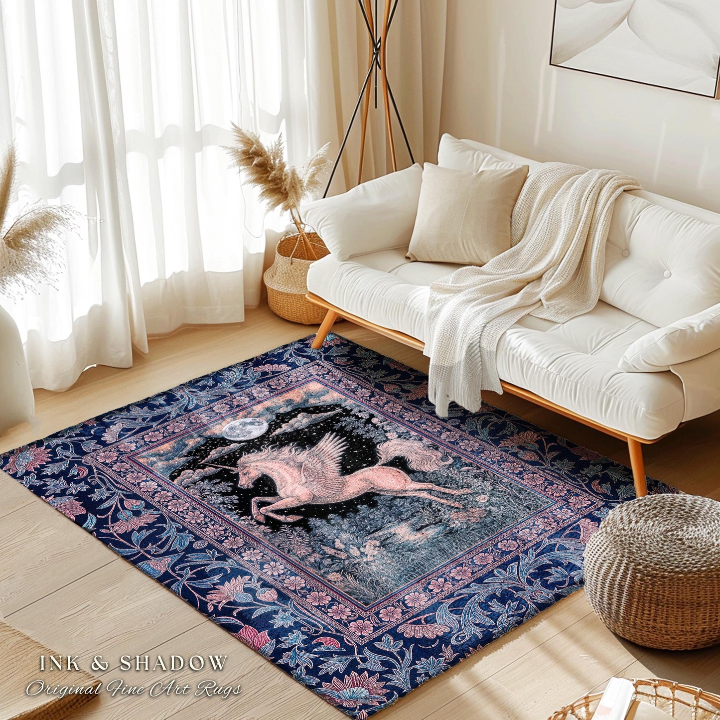 Pastel Dreamy Whimsical Unicorn Rug | Mystical Full Moon Fantasy Decor Baroque Fairytale Accent Regal Pegasus Castlecore Romantic Bedroom |