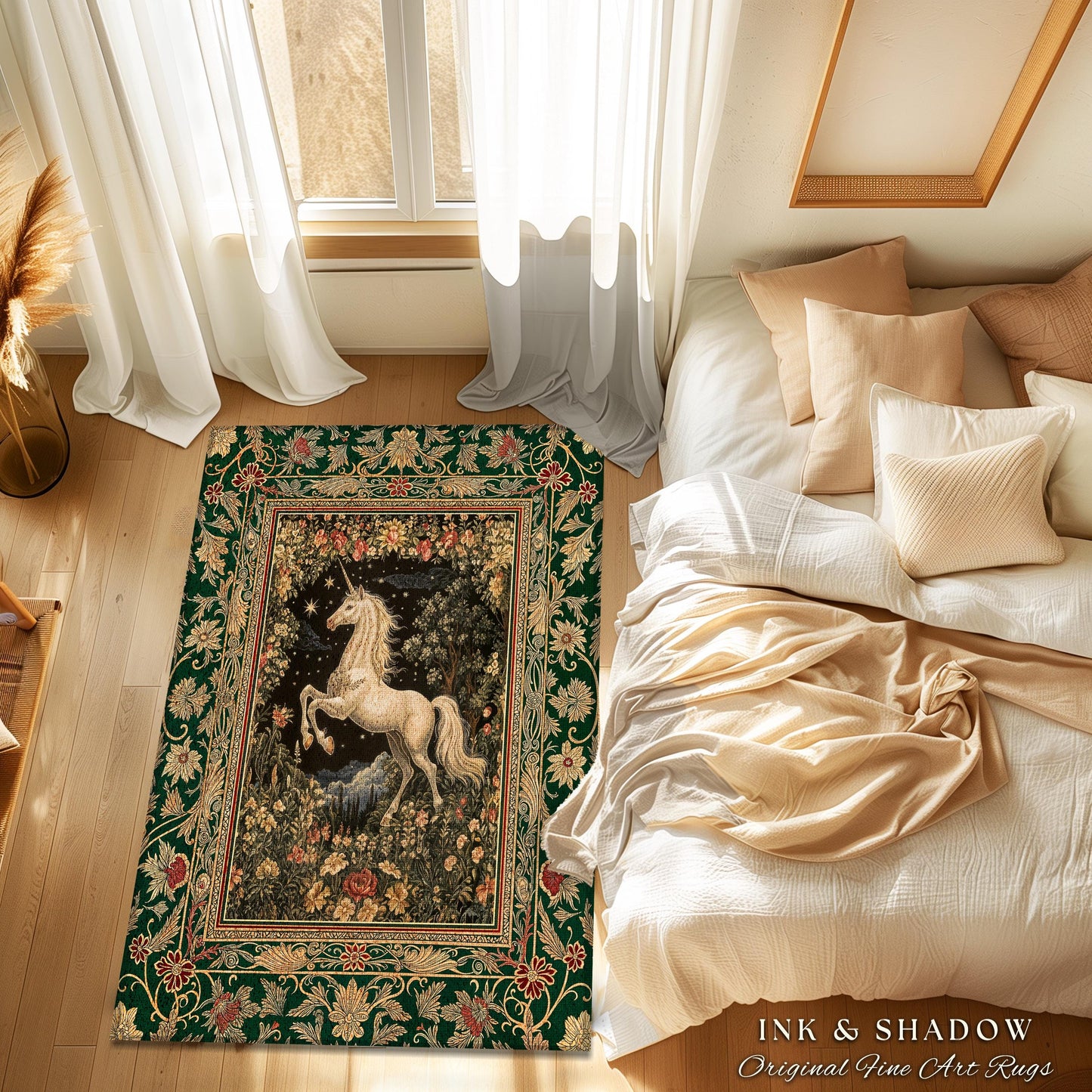 Medieval Fantasy Unicorn Area Rug | Floral Fairytale Pegasus Decor Castlecore Romantic Accent Baroque Style Mystical Forest Gothic Bedroom |