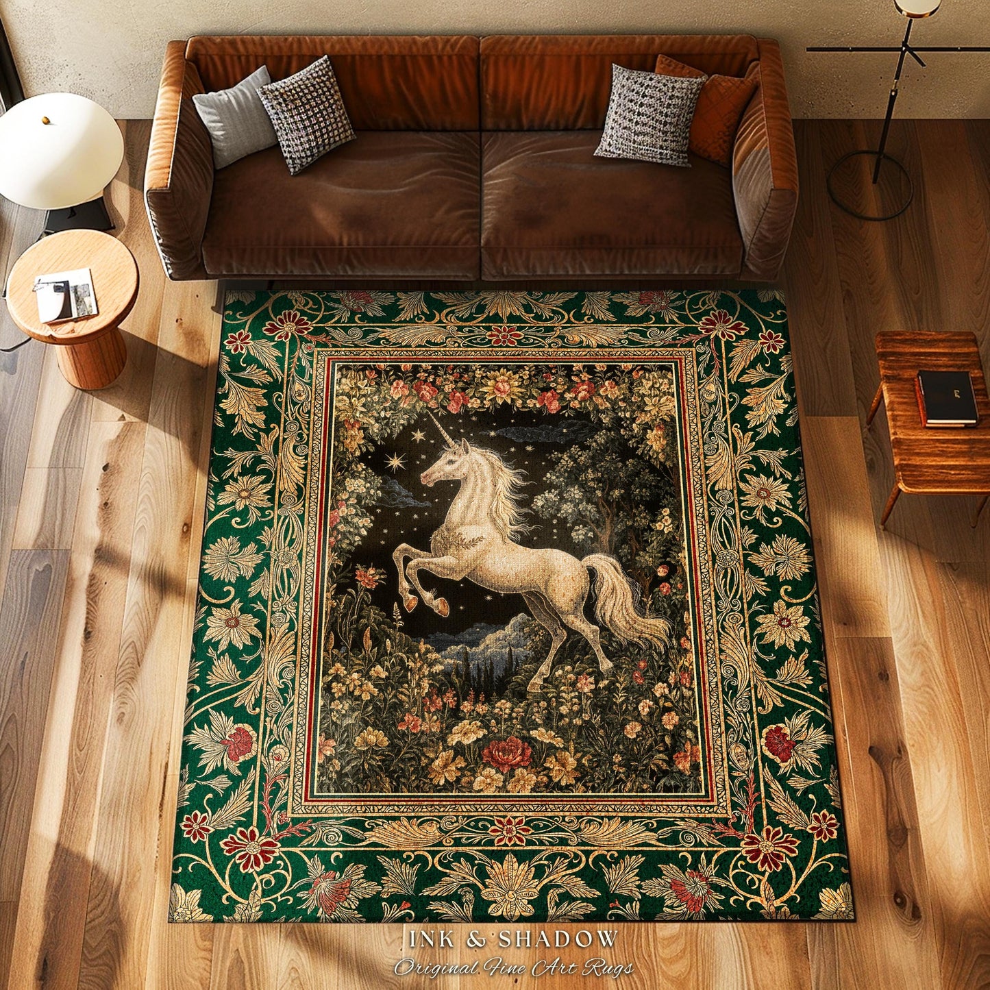 Medieval Fantasy Unicorn Area Rug | Floral Fairytale Pegasus Decor Castlecore Romantic Accent Baroque Style Mystical Forest Gothic Bedroom |