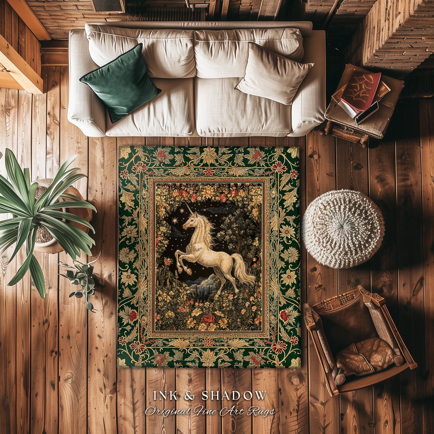 Medieval Fantasy Unicorn Area Rug | Floral Fairytale Pegasus Decor Castlecore Romantic Accent Baroque Style Mystical Forest Gothic Bedroom |