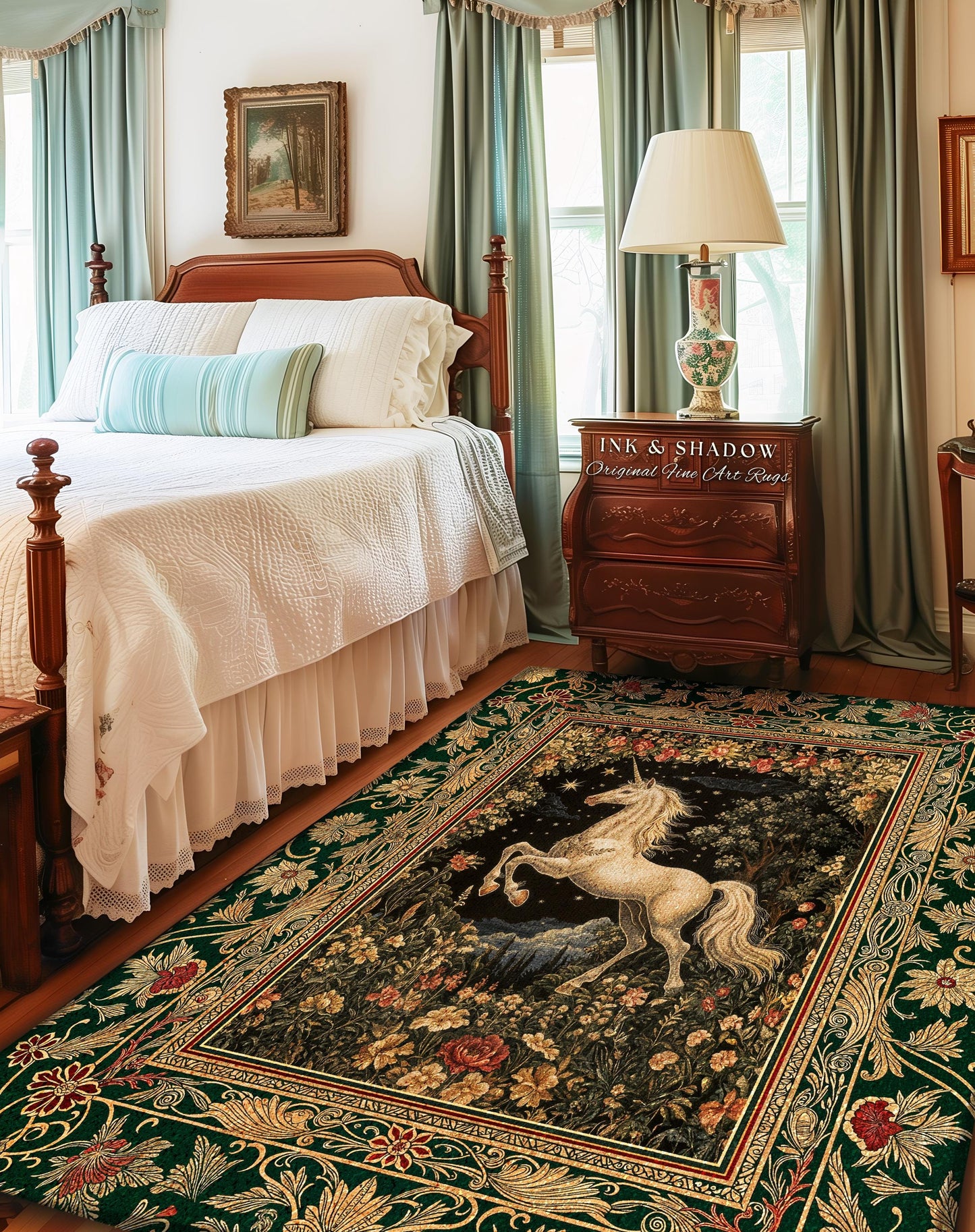 Medieval Fantasy Unicorn Area Rug | Floral Fairytale Pegasus Decor Castlecore Romantic Accent Baroque Style Mystical Forest Gothic Bedroom |