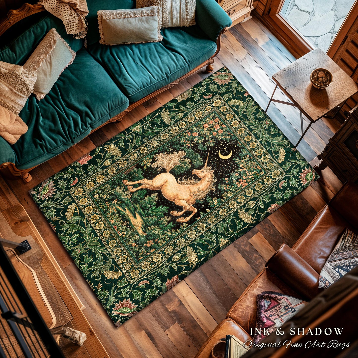 Magic Garden Unicorn Aesthetic Rug | Crescent Moon Cottagecore Pegasus Regal Decor Forest Baroque Accent Castlecore Romantic Mystical Style