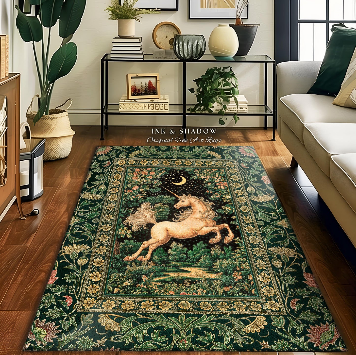 Magic Garden Unicorn Aesthetic Rug | Crescent Moon Cottagecore Pegasus Regal Decor Forest Baroque Accent Castlecore Romantic Mystical Style