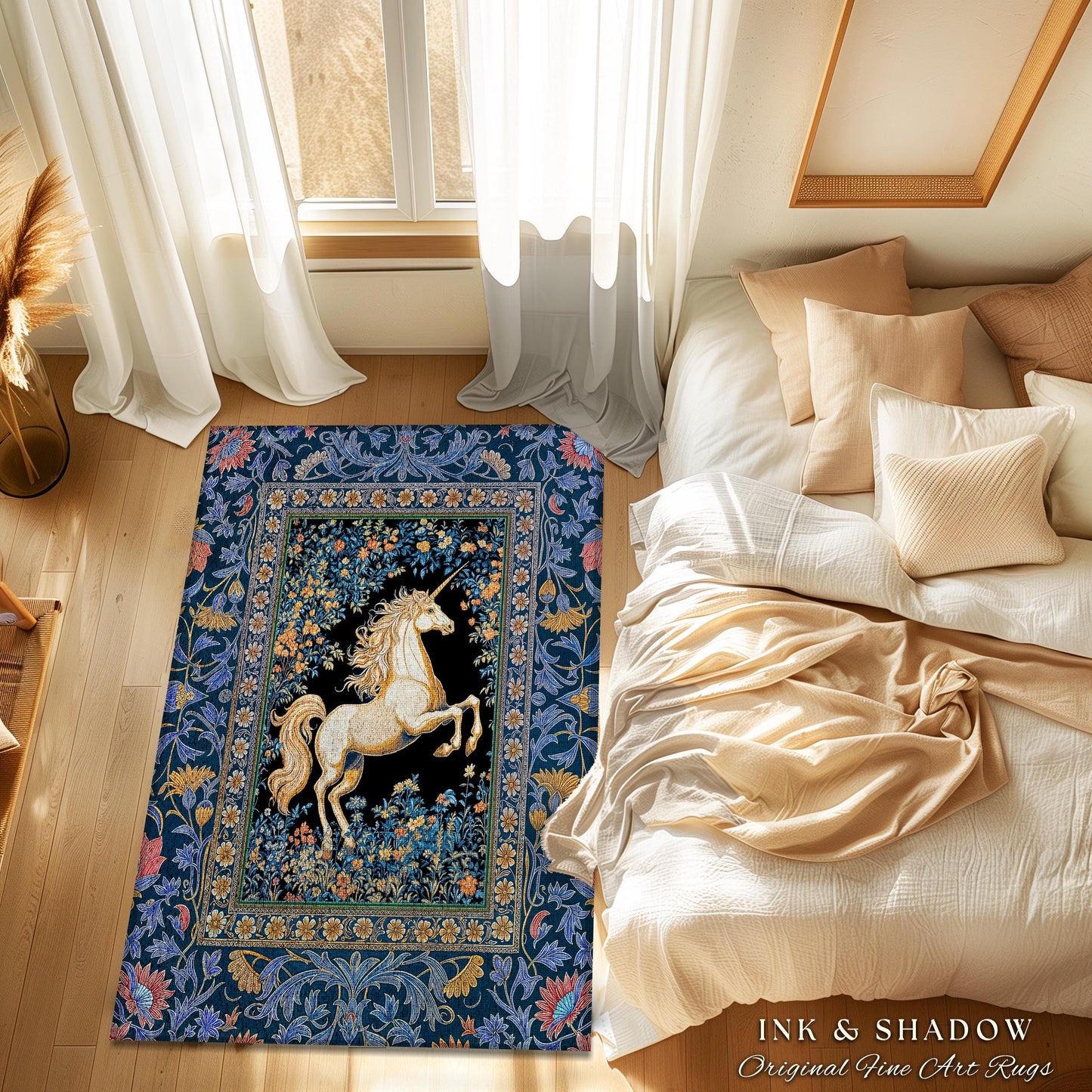 Twilight Floral Ornate Unicorn Rug | Blue Orange Baroque Fairytale Decor Regal Style Romantic Gothic Bedroom Accent Mystical Castlecore Rug
