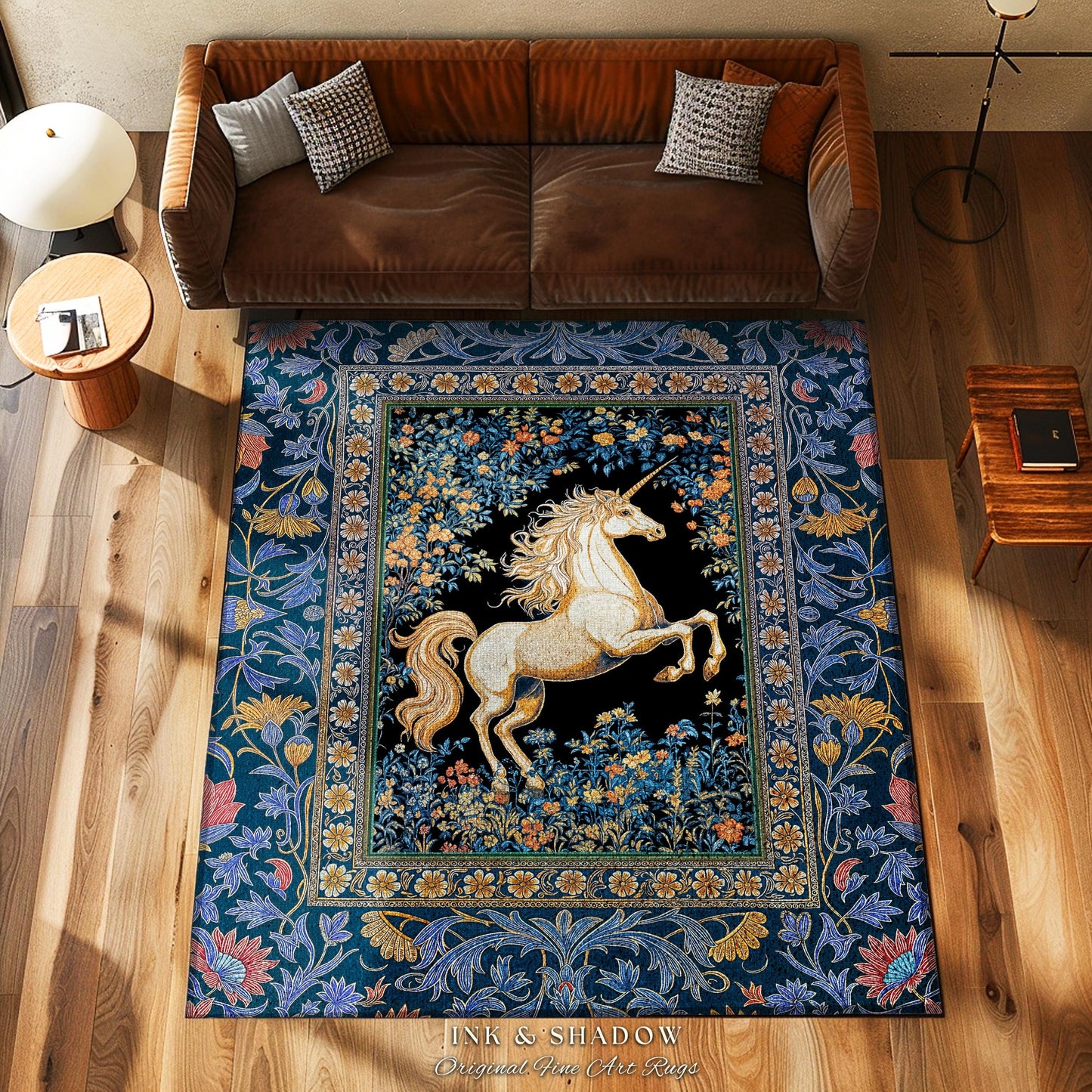 Twilight Floral Ornate Unicorn Rug | Blue Orange Baroque Fairytale Decor Regal Style Romantic Gothic Bedroom Accent Mystical Castlecore Rug