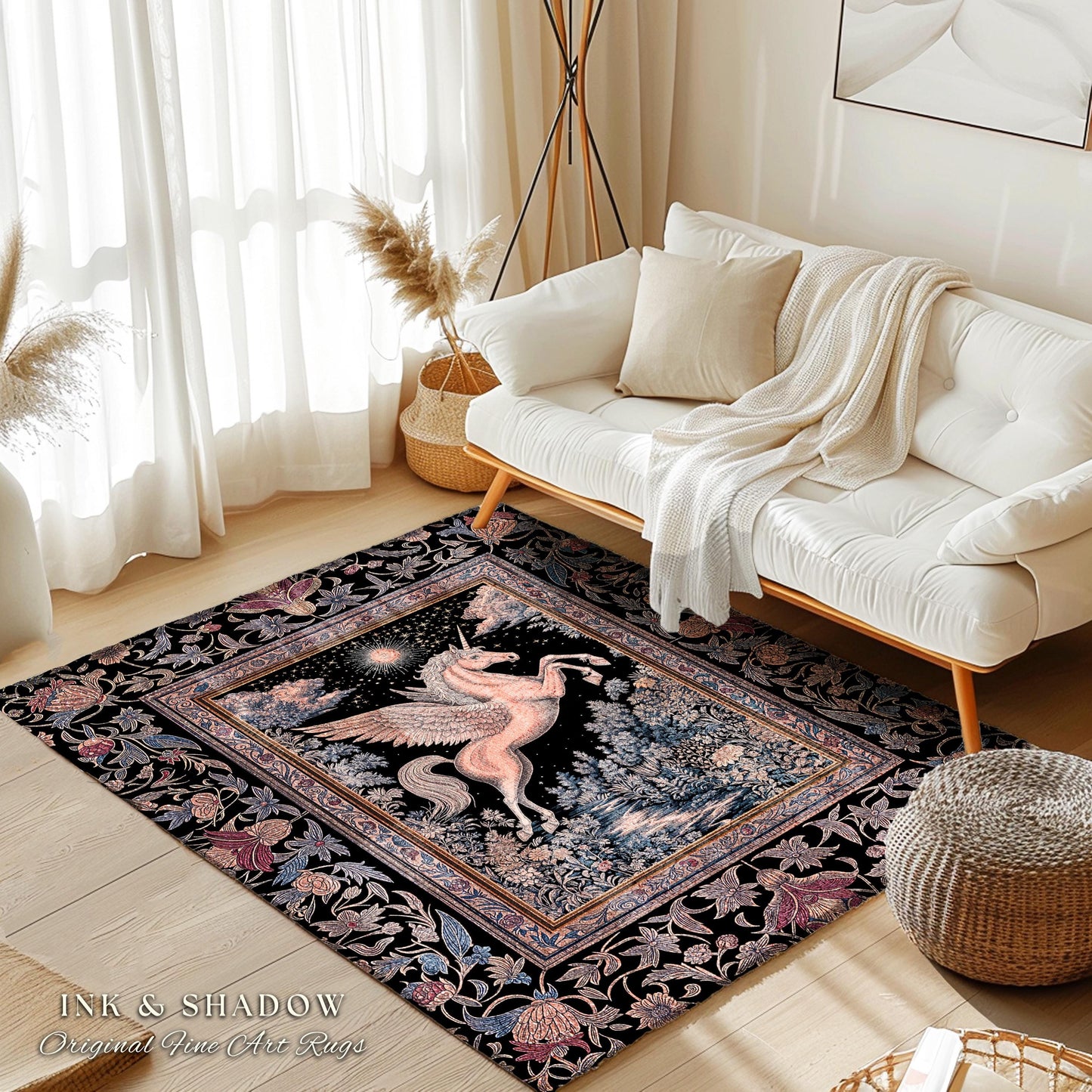 Fairytale Unicorn Fantasy Forest Area Rug | Maximalist Royalcore Decor Pink Castle Theme Gothic Bedroom Pegasus Baroque Fantasy Boho Accent