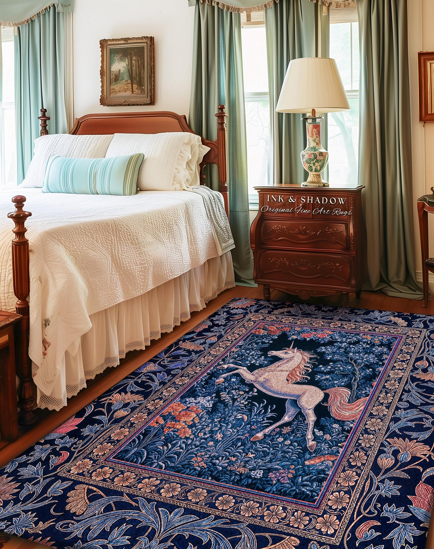 Storybook Unicorn Mystic Area Rug | Pastel Blue Forest Pegasus Accent Fairytale Baroque Decor Romantic Bedroom Mystical Cottagecore Regal