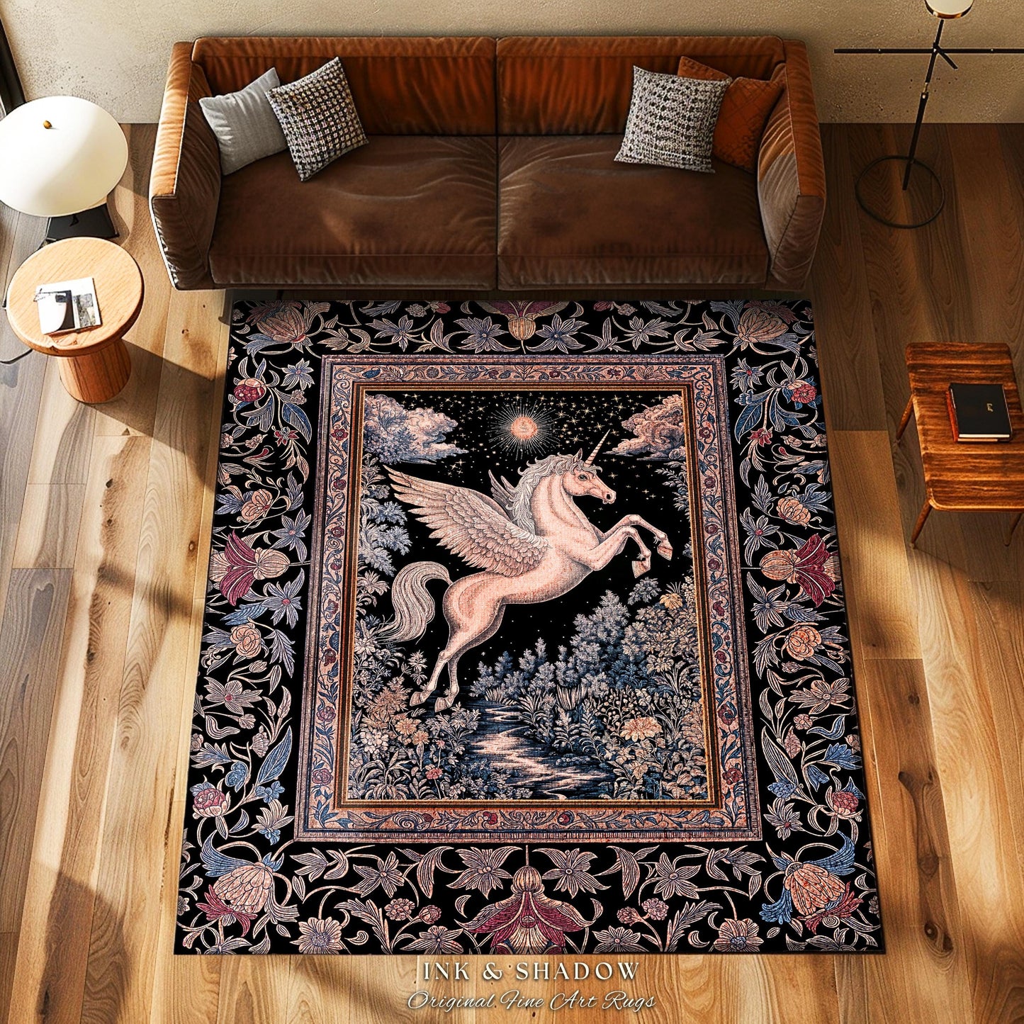 Fairytale Unicorn Fantasy Forest Area Rug | Maximalist Royalcore Decor Pink Castle Theme Gothic Bedroom Pegasus Baroque Fantasy Boho Accent