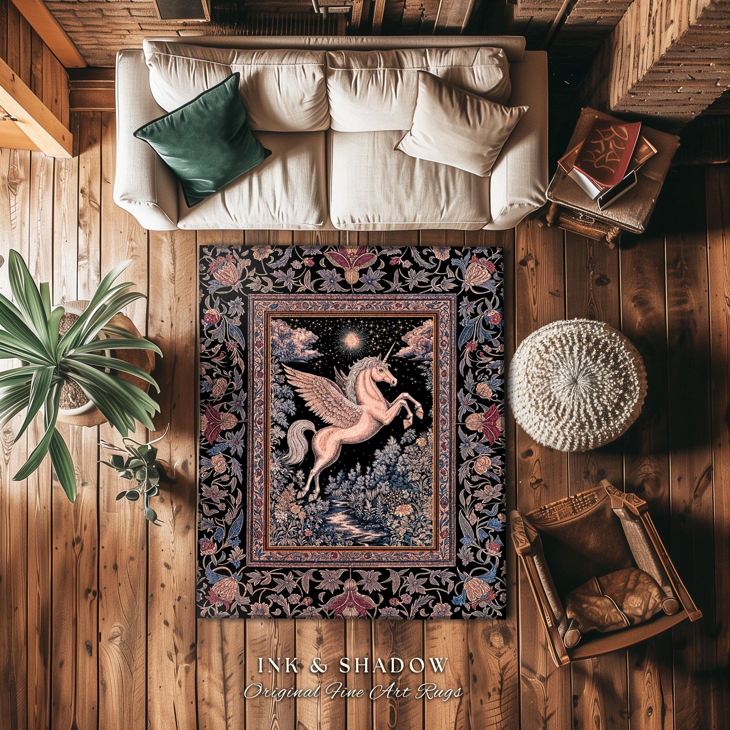 Fairytale Unicorn Fantasy Forest Area Rug | Maximalist Royalcore Decor Pink Castle Theme Gothic Bedroom Pegasus Baroque Fantasy Boho Accent