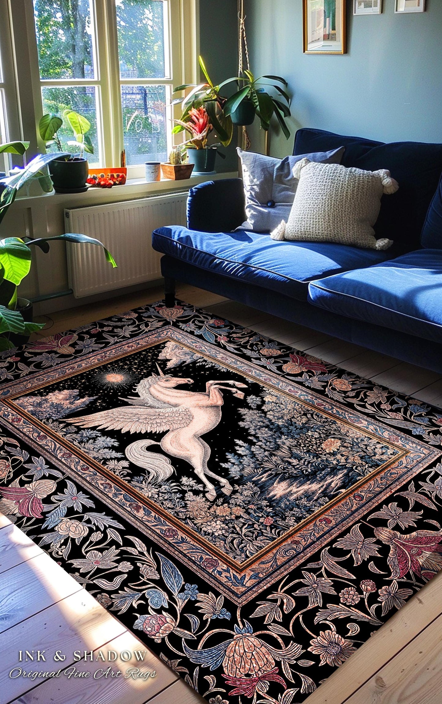 Fairytale Unicorn Fantasy Forest Area Rug | Maximalist Royalcore Decor Pink Castle Theme Gothic Bedroom Pegasus Baroque Fantasy Boho Accent