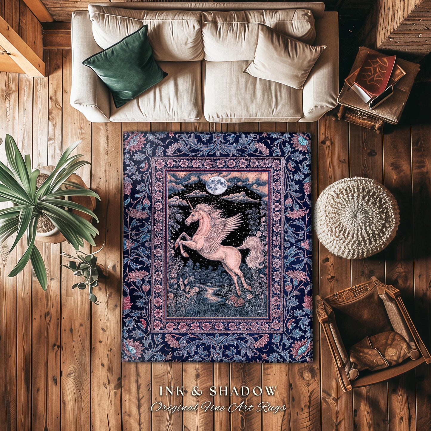 Pastel Dreamy Whimsical Unicorn Rug | Mystical Full Moon Fantasy Decor Baroque Fairytale Accent Regal Pegasus Castlecore Romantic Bedroom |