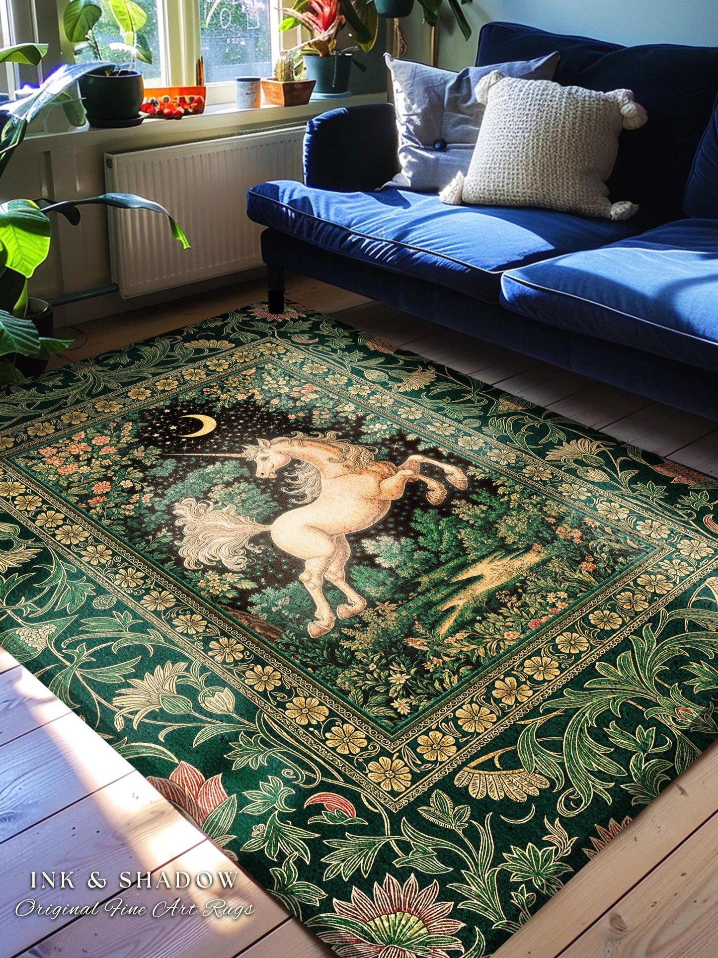 Magic Garden Unicorn Aesthetic Rug | Crescent Moon Cottagecore Pegasus Regal Decor Forest Baroque Accent Castlecore Romantic Mystical Style