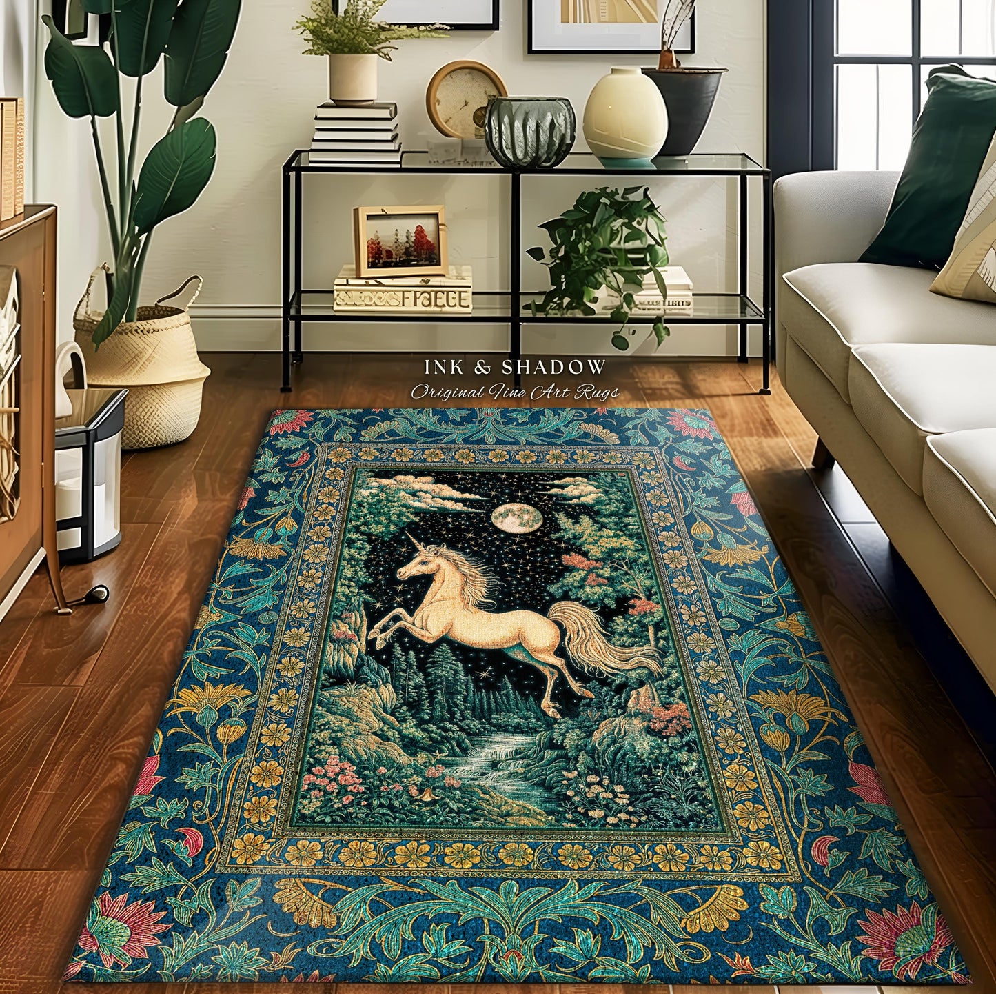 Unicorn Meadow Magical Aesthetic Rug | Castlecore Forest Fantasy Decor Fairytale Accent Regal Mystical Baroque Bedroom Regency Style Decor