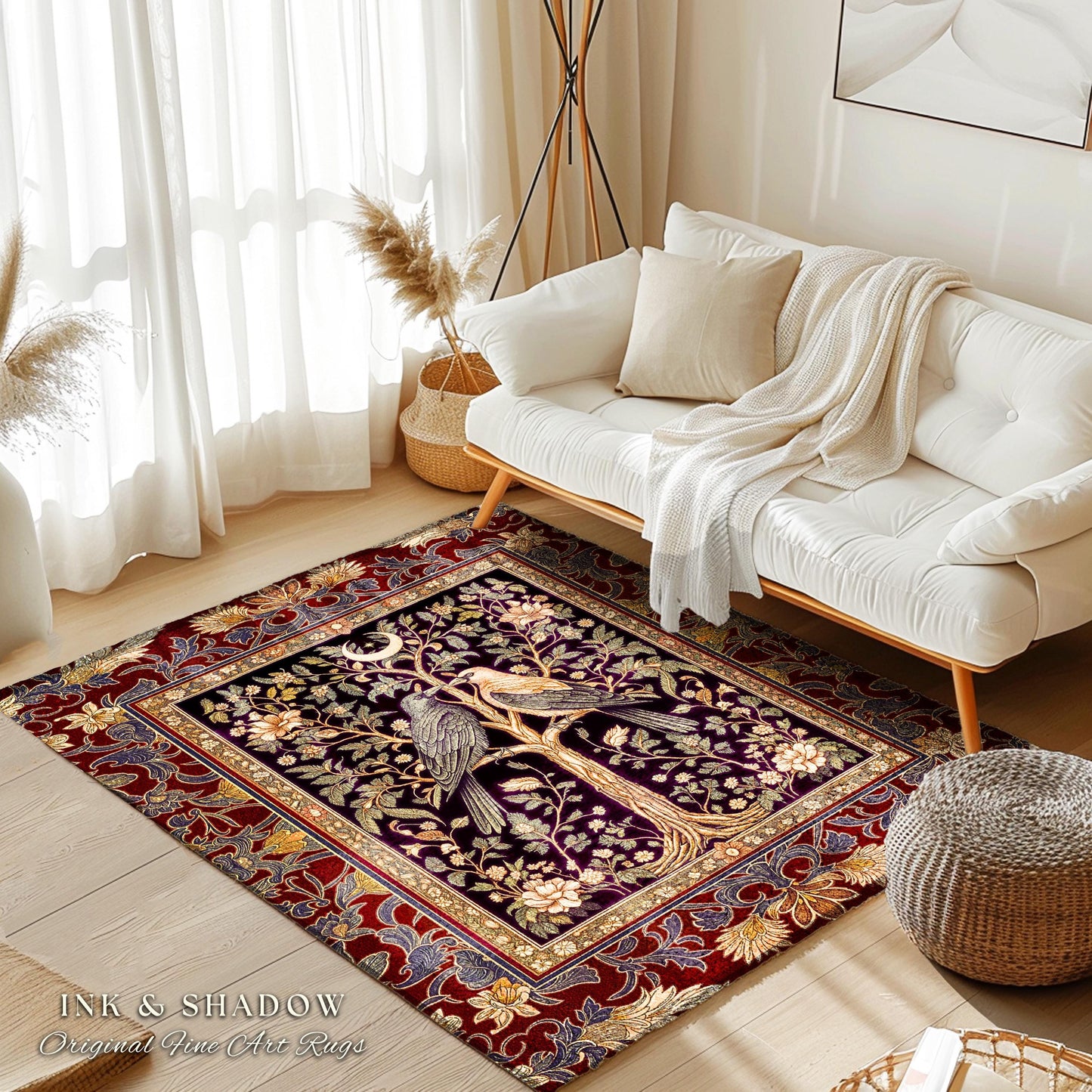 Scandinavian Gothic Crow Accent Rug | Gothic Bohemian Whimsigothic Aesthetic Classical Vibes Dark Witch Bedroom Accent Baroque Maximalist |