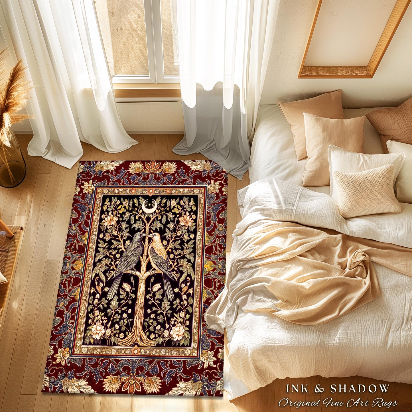Scandinavian Gothic Crow Accent Rug | Gothic Bohemian Whimsigothic Aesthetic Classical Vibes Dark Witch Bedroom Accent Baroque Maximalist |