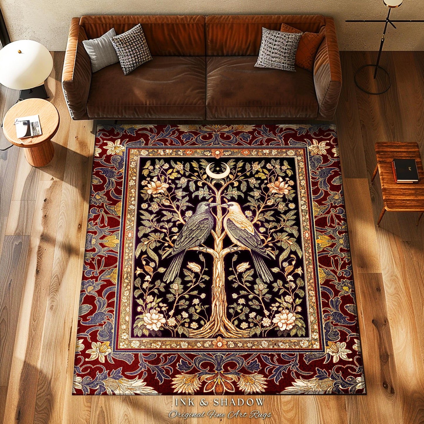 Scandinavian Gothic Crow Accent Rug | Gothic Bohemian Whimsigothic Aesthetic Classical Vibes Dark Witch Bedroom Accent Baroque Maximalist |