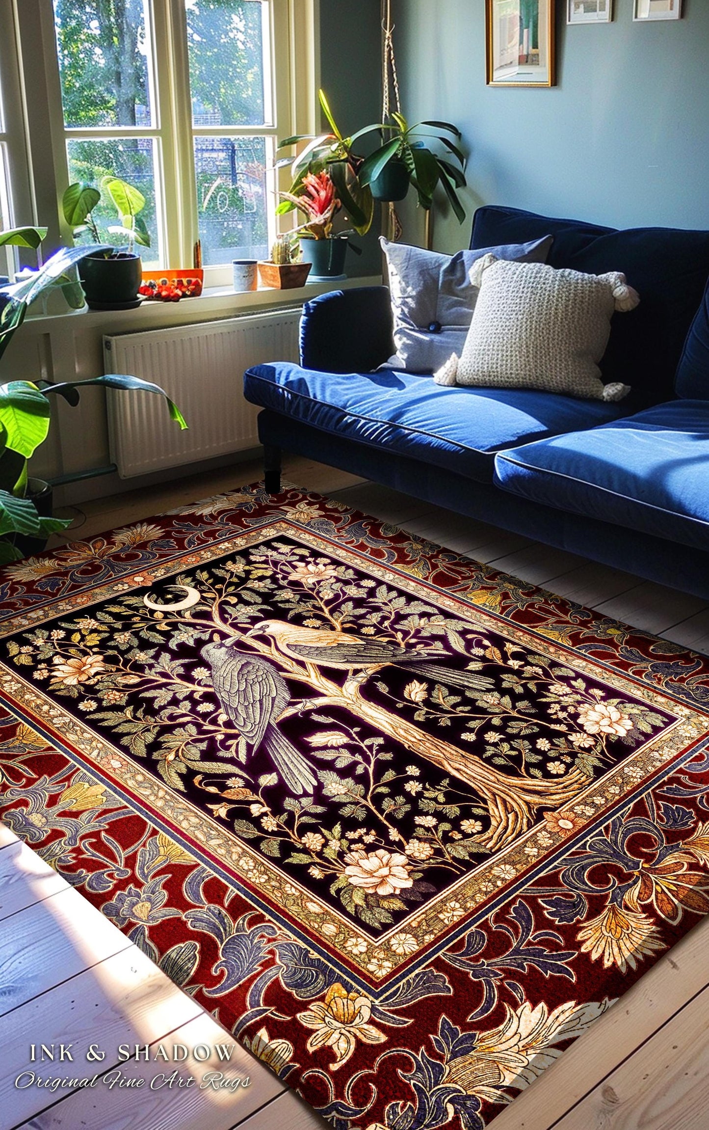 Scandinavian Gothic Crow Accent Rug | Gothic Bohemian Whimsigothic Aesthetic Classical Vibes Dark Witch Bedroom Accent Baroque Maximalist |
